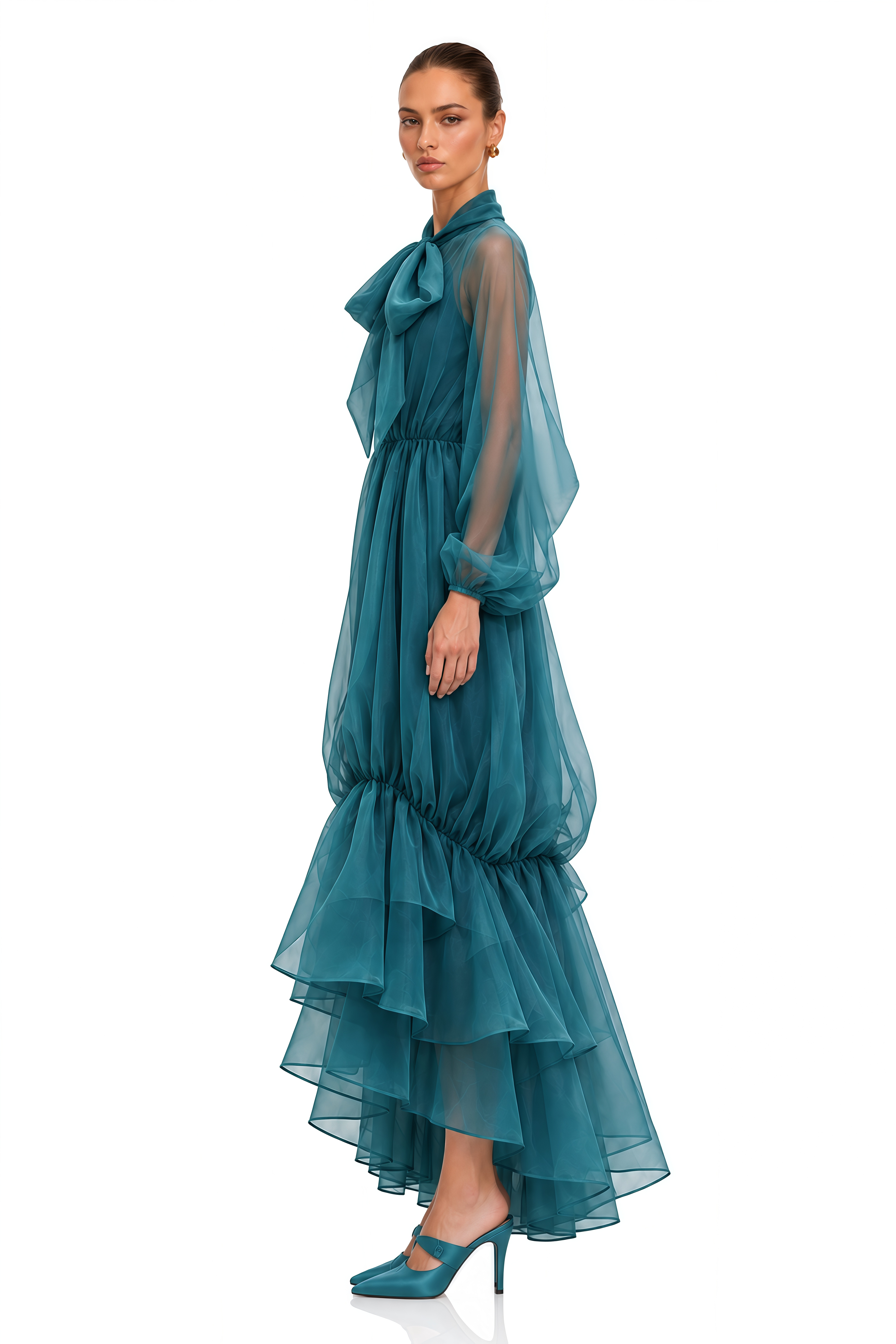 Elara Teal Bow Neck Sheer Tiered Maxi Dress