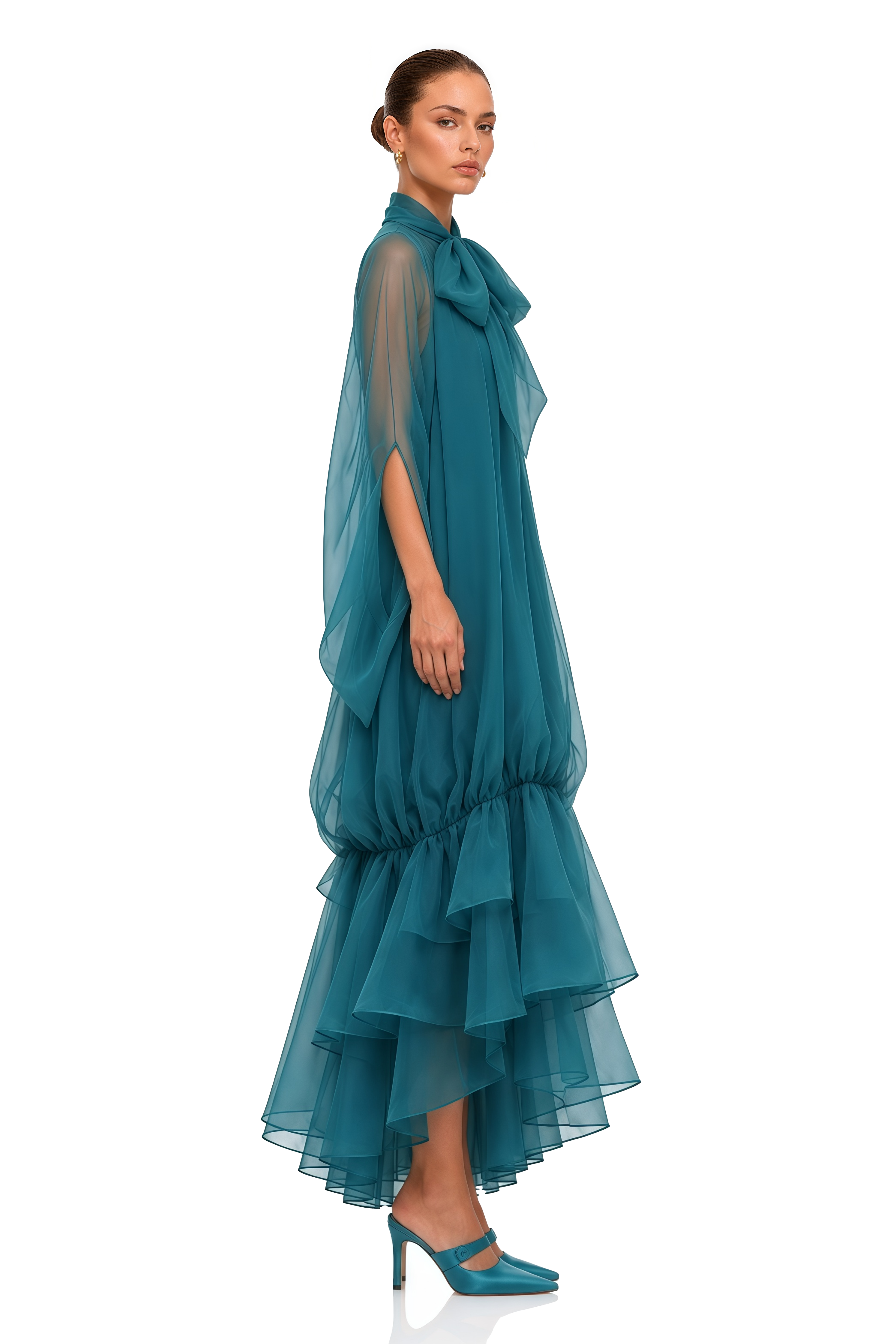 Elara Teal Bow Neck Sheer Tiered Maxi Dress