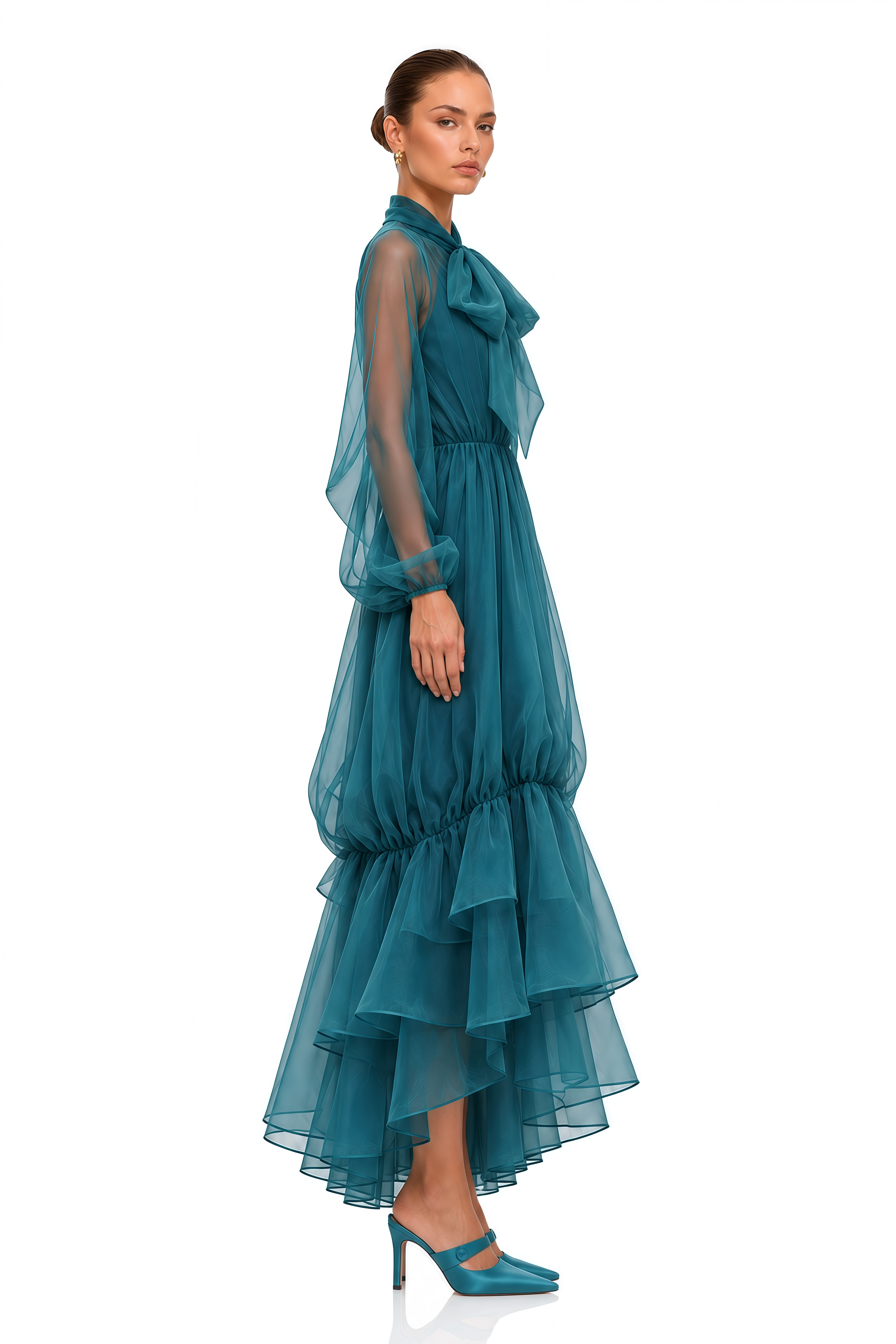 Elara Teal Bow Neck Sheer Tiered Maxi Dress