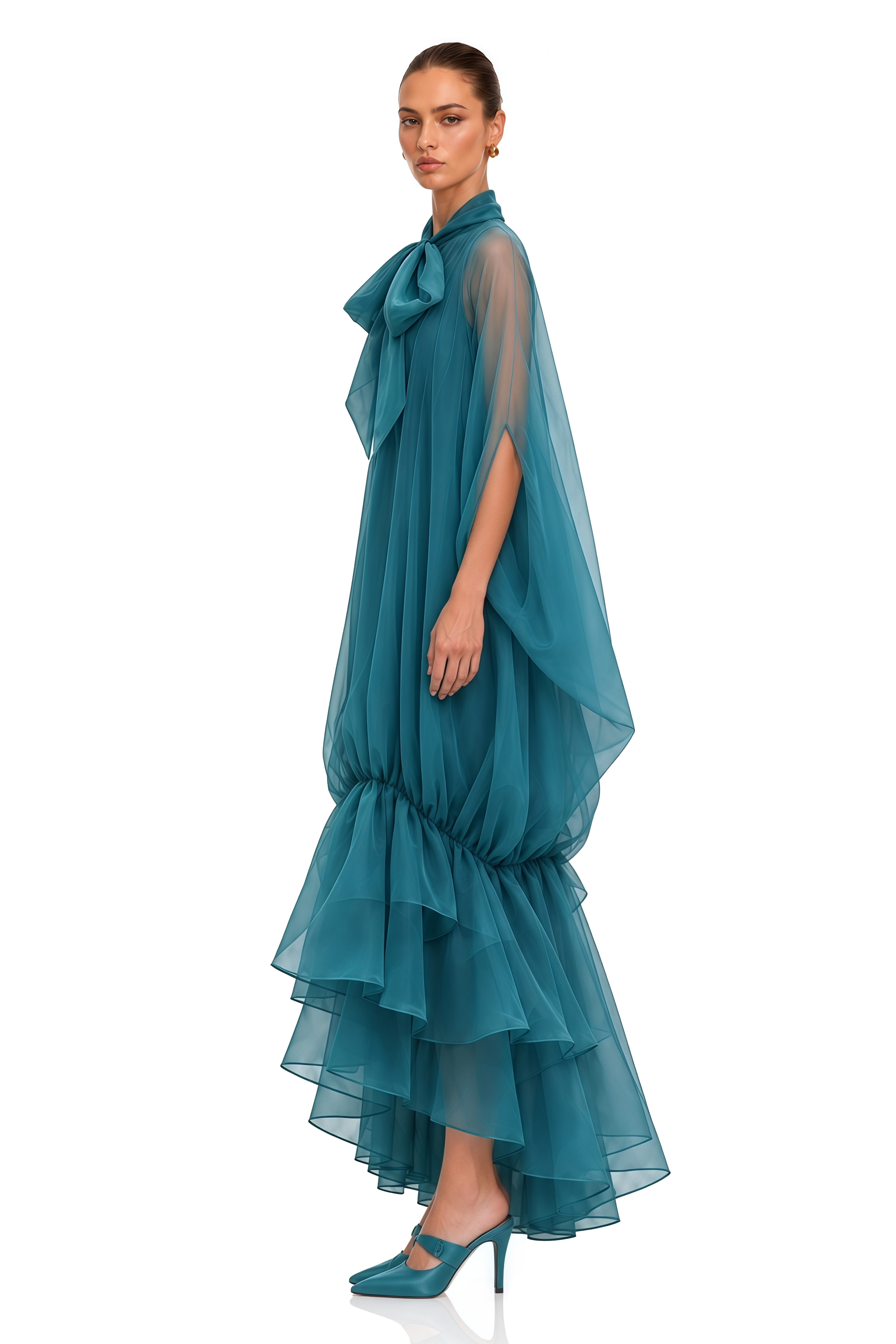Elara Teal Bow Neck Sheer Tiered Maxi Dress