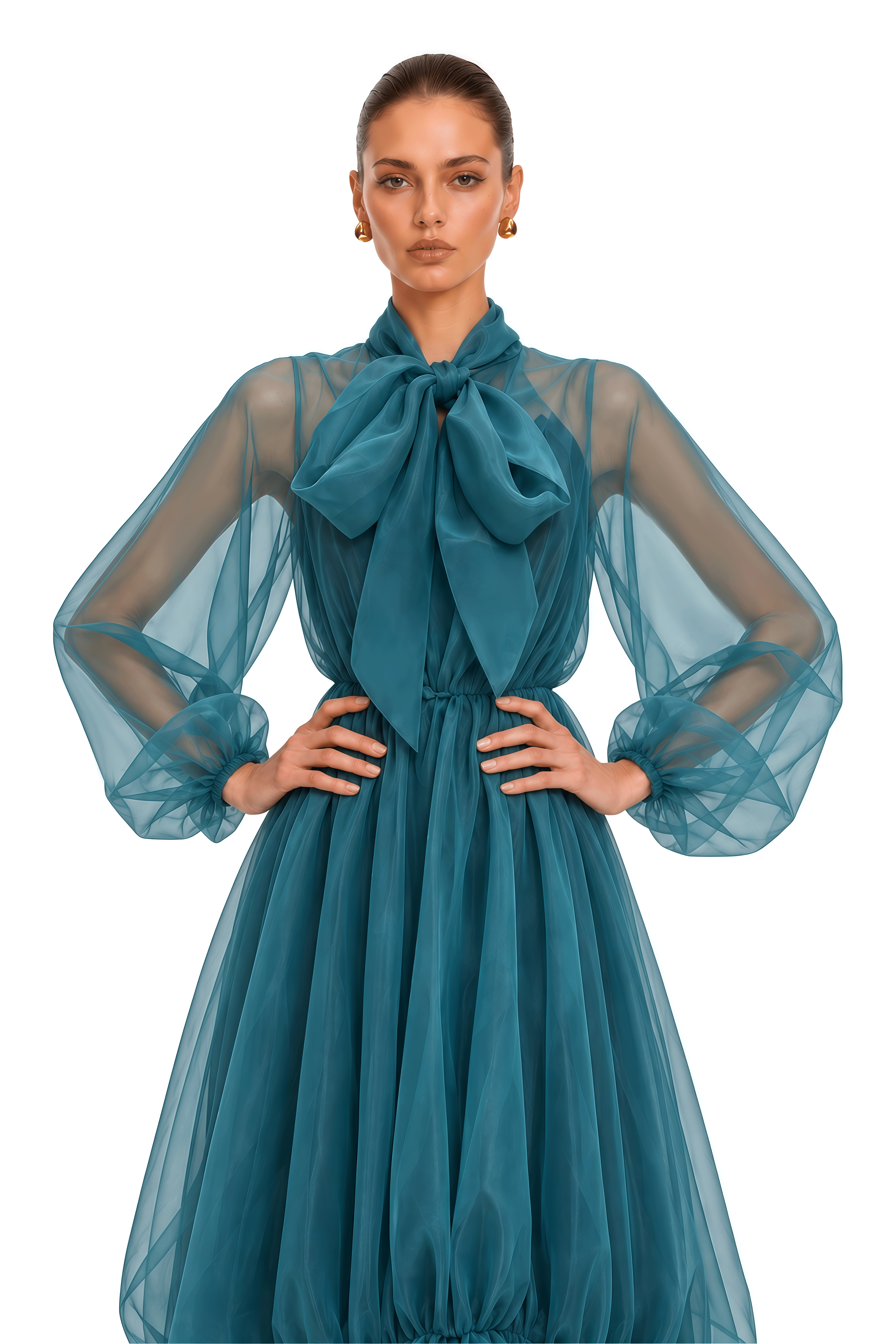 Elara Teal Bow Neck Sheer Tiered Maxi Dress