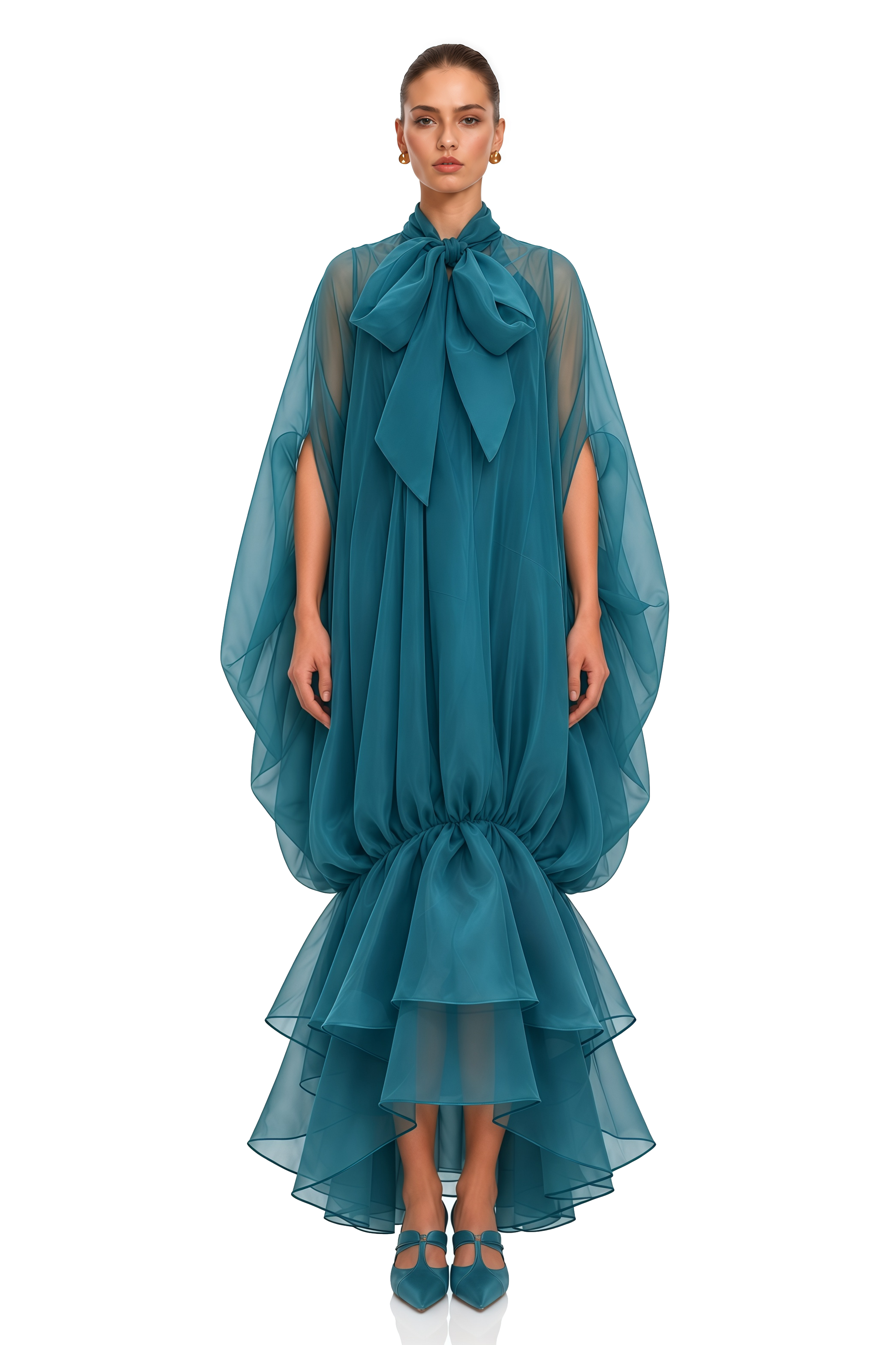 Elara Teal Bow Neck Sheer Tiered Maxi Dress