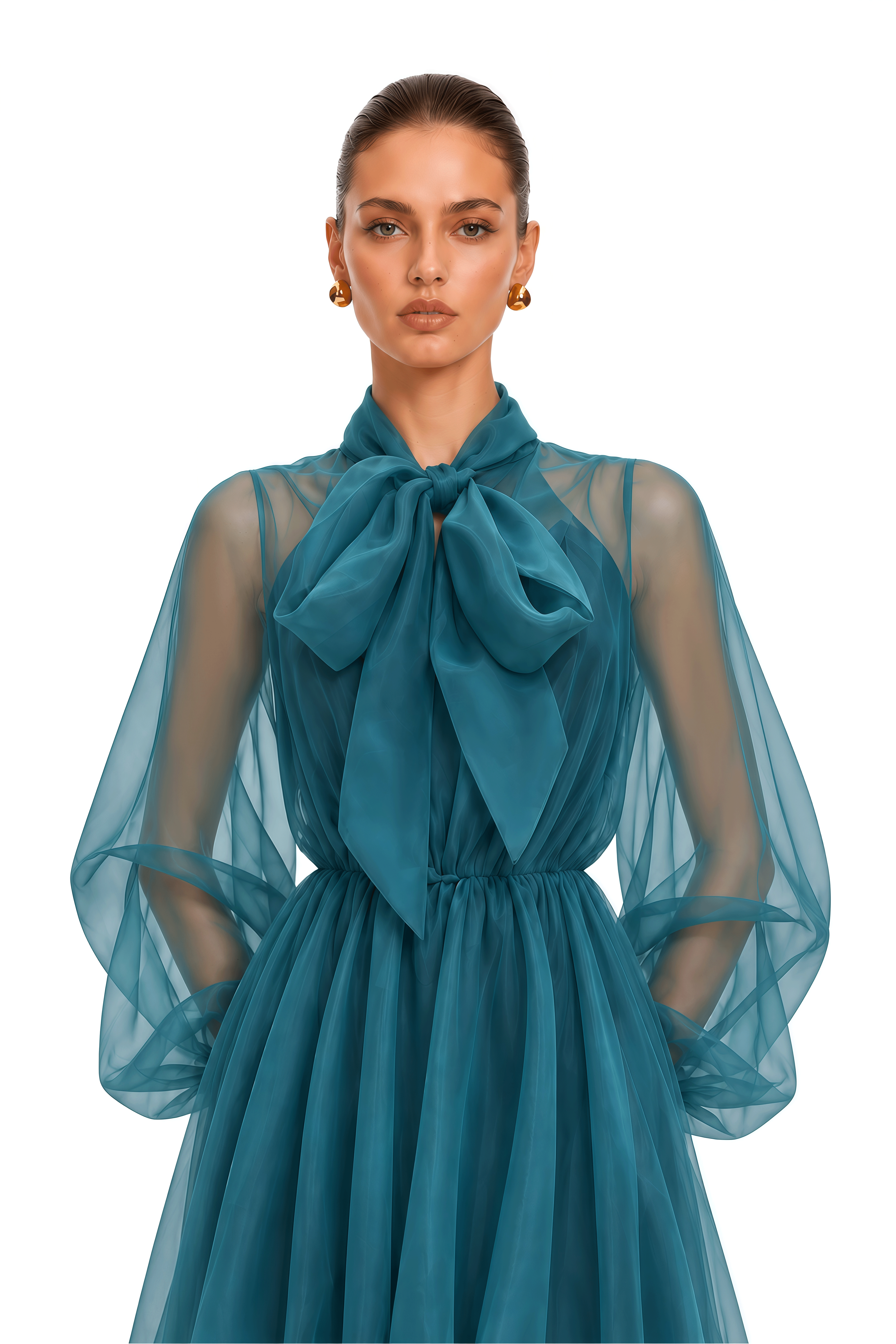 Elara Teal Bow Neck Sheer Tiered Maxi Dress