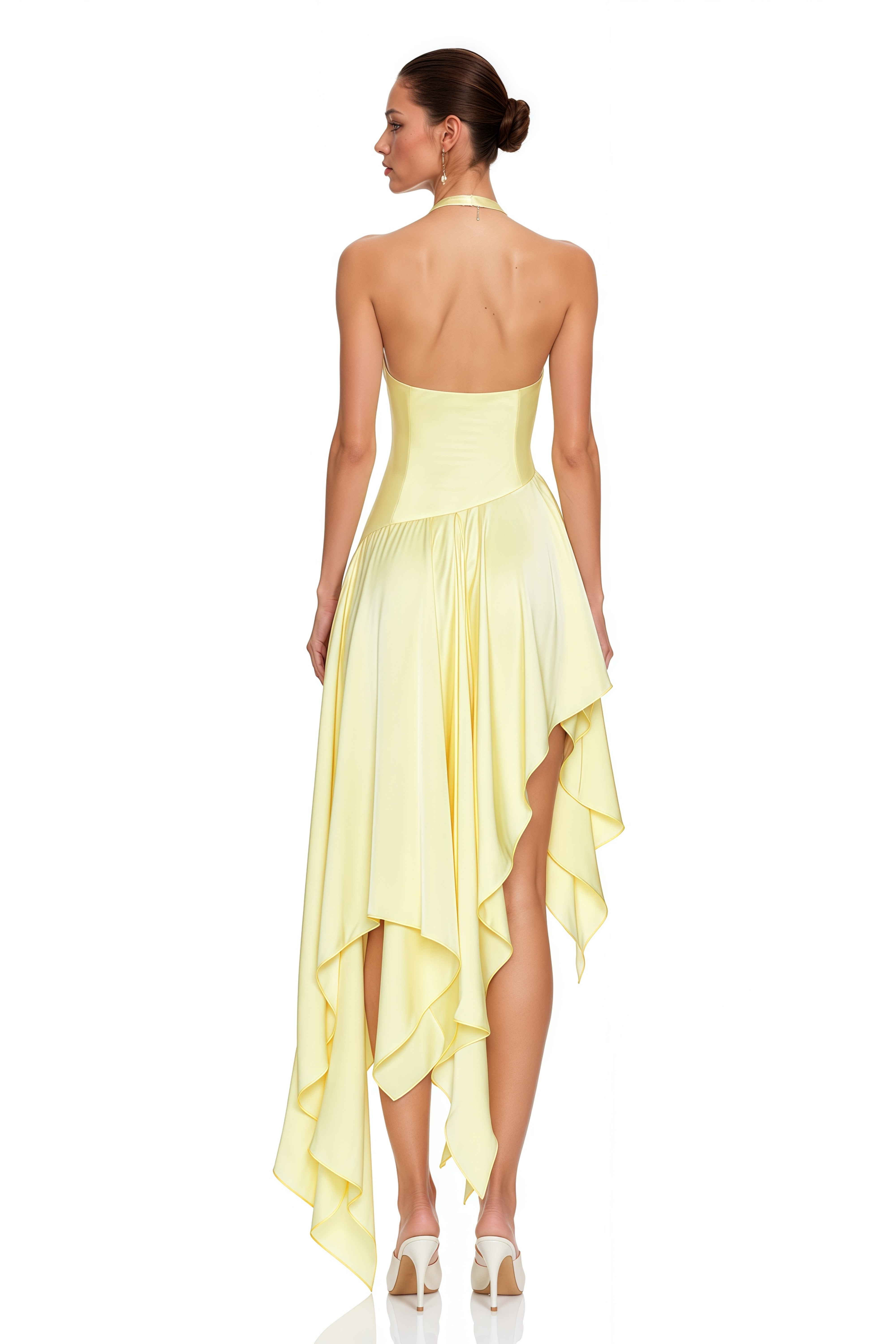 Elara Yellow Plunging Halterneck Asymmetric Maxi Dress