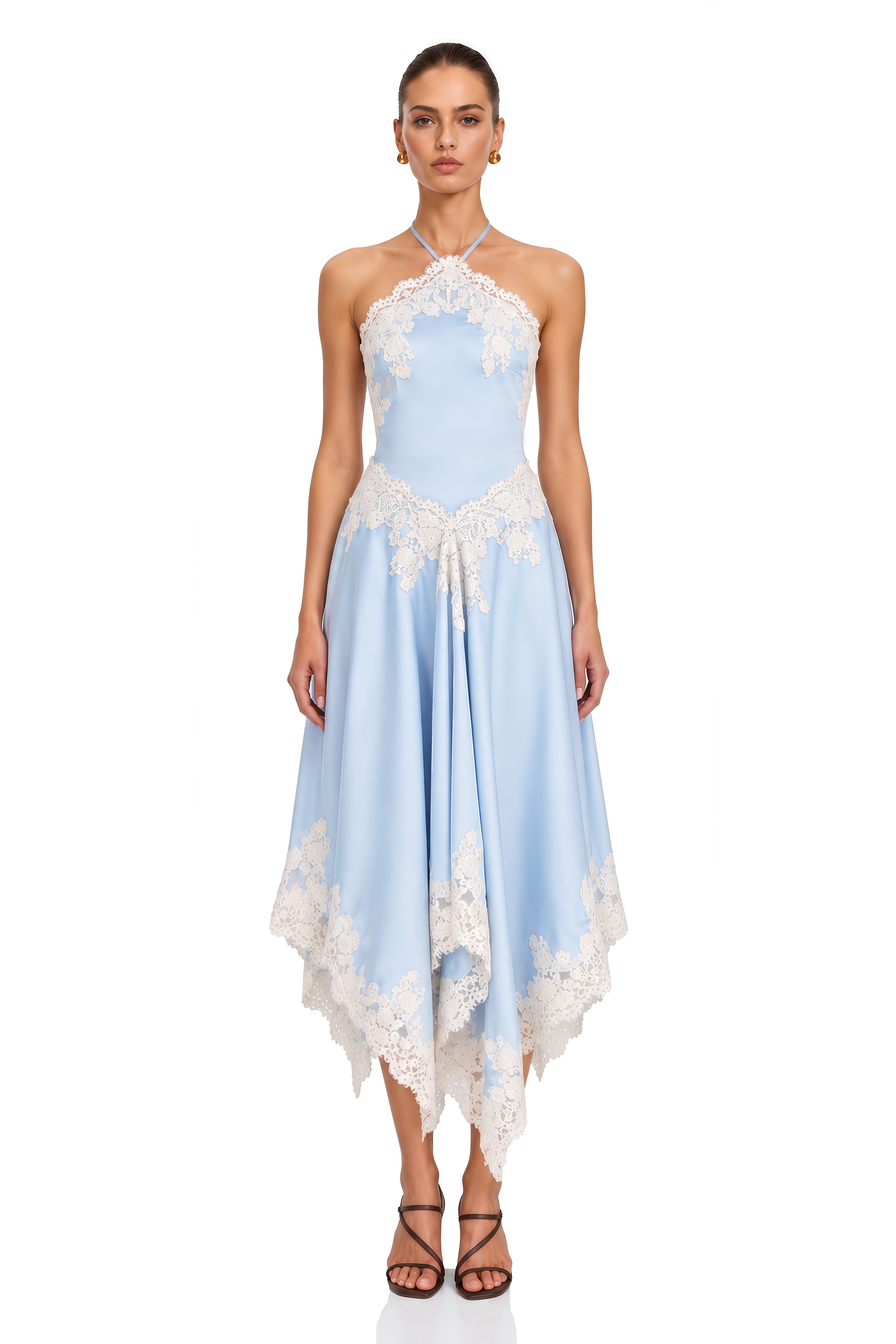 Elaria Blue Lace Halterneck Top & Handkerchief Hem Skirt Set