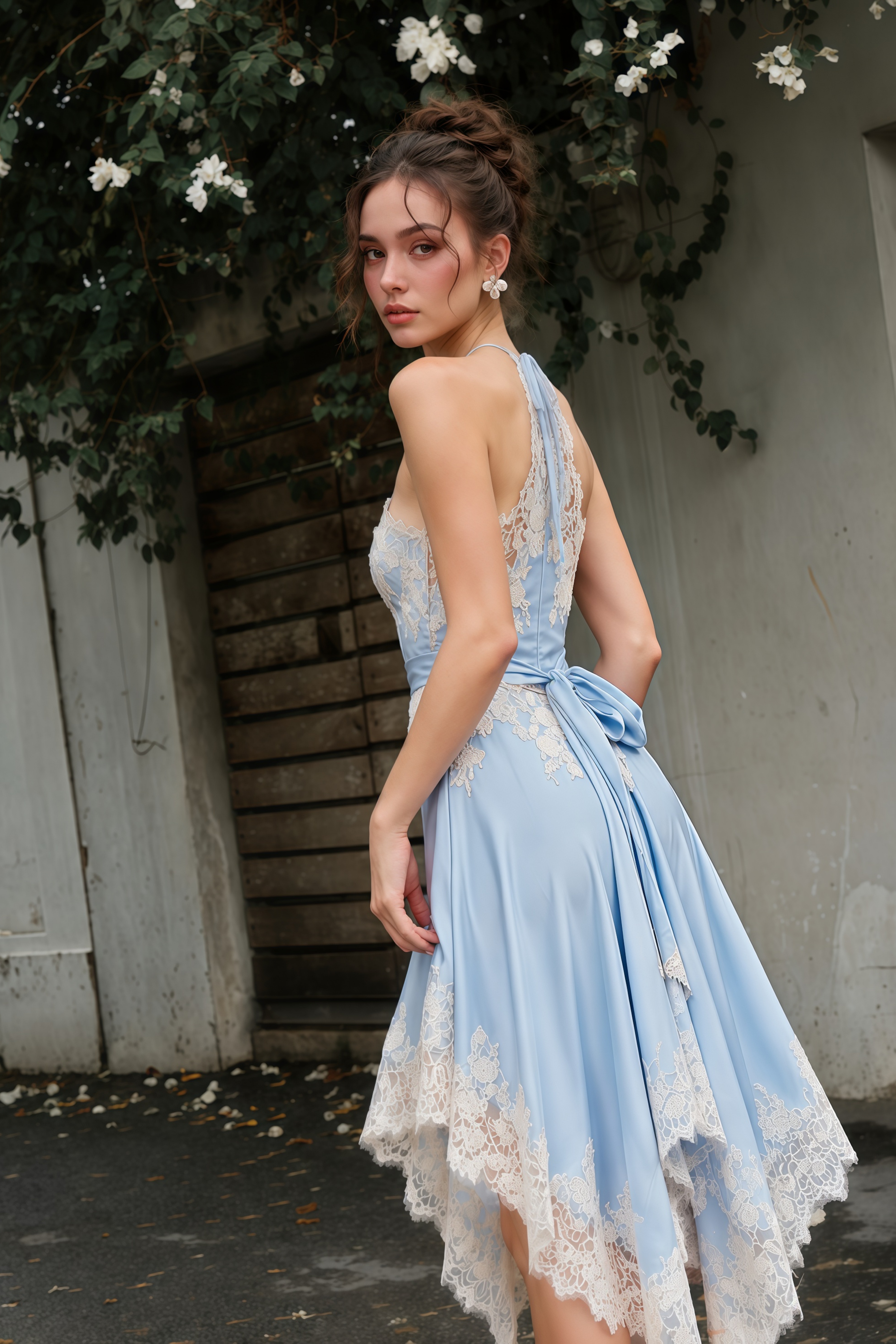 Elaria Blue Lace Halterneck Top & Handkerchief Hem Skirt Set