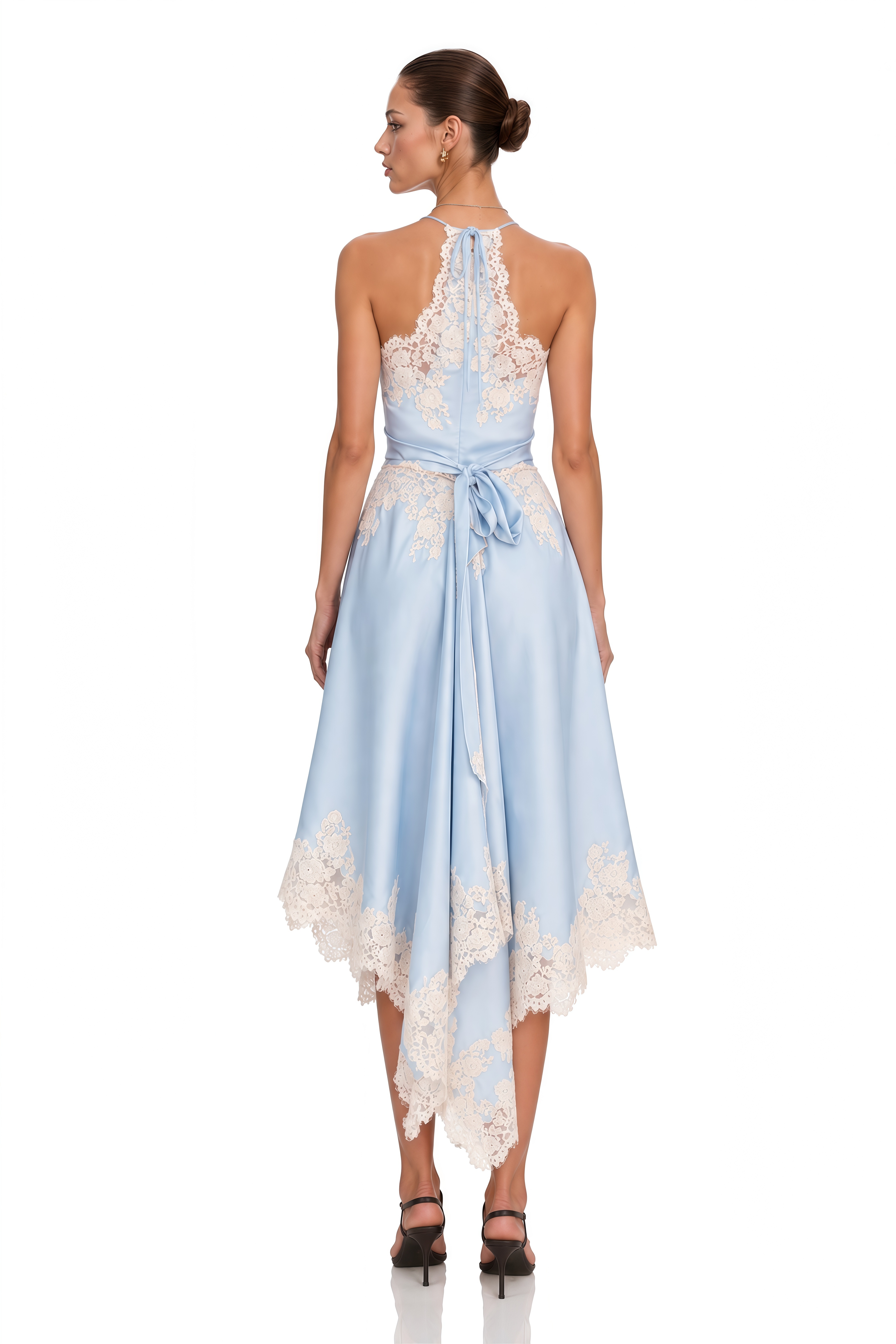 Elaria Blue Lace Halterneck Top & Handkerchief Hem Skirt Set