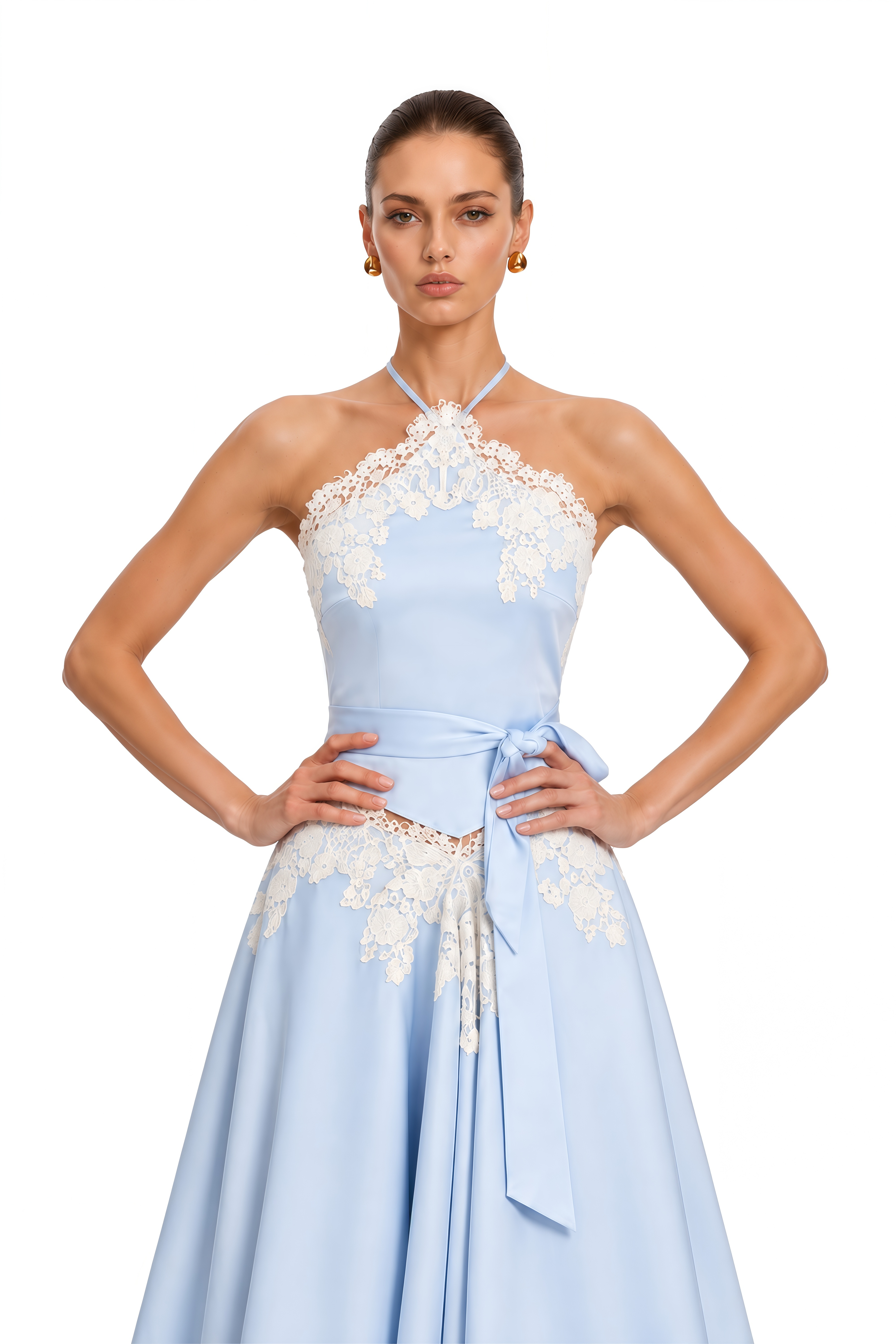 Elaria Blue Lace Halterneck Top & Handkerchief Hem Skirt Set