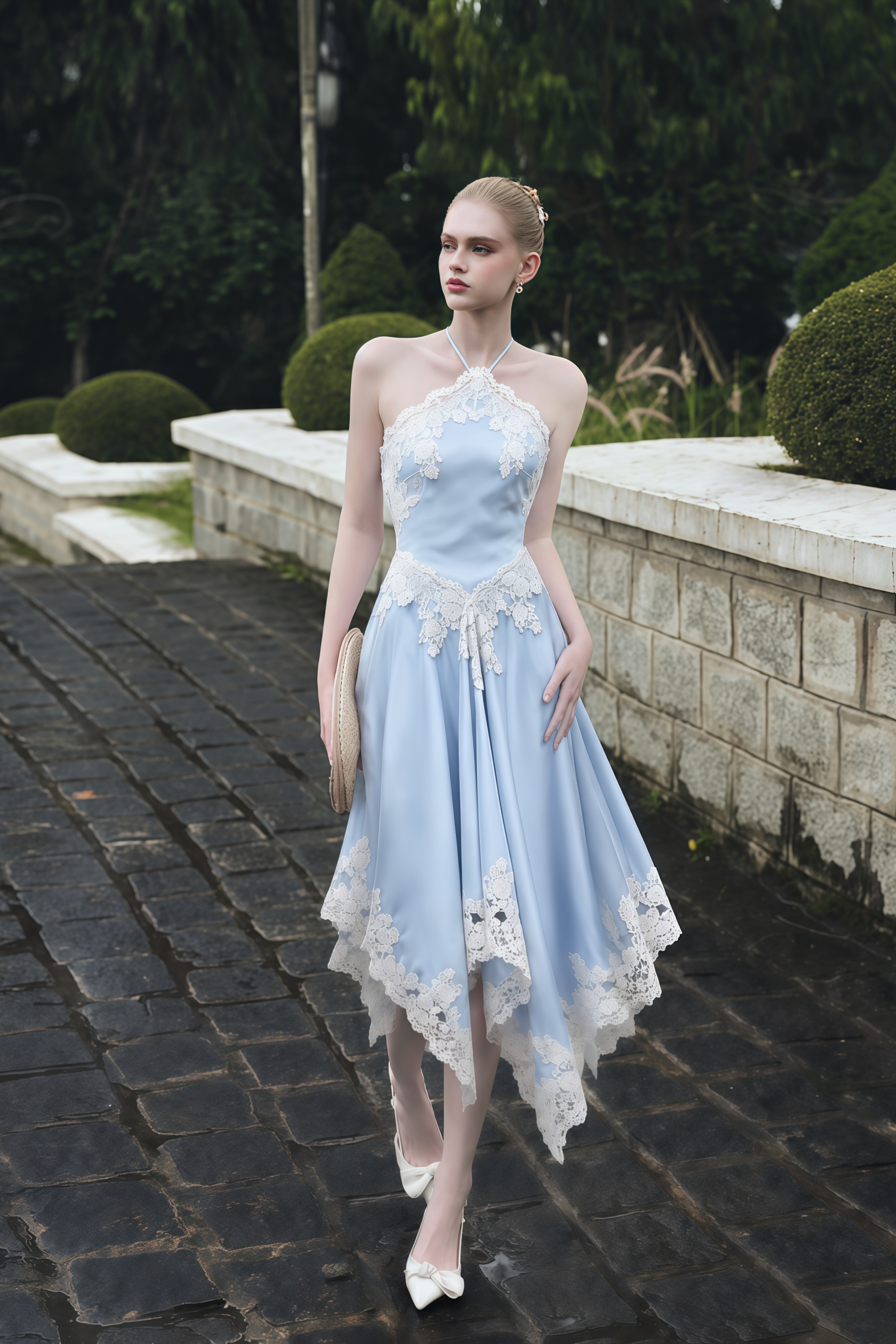 Elaria Blue Lace Halterneck Top & Handkerchief Hem Skirt Set