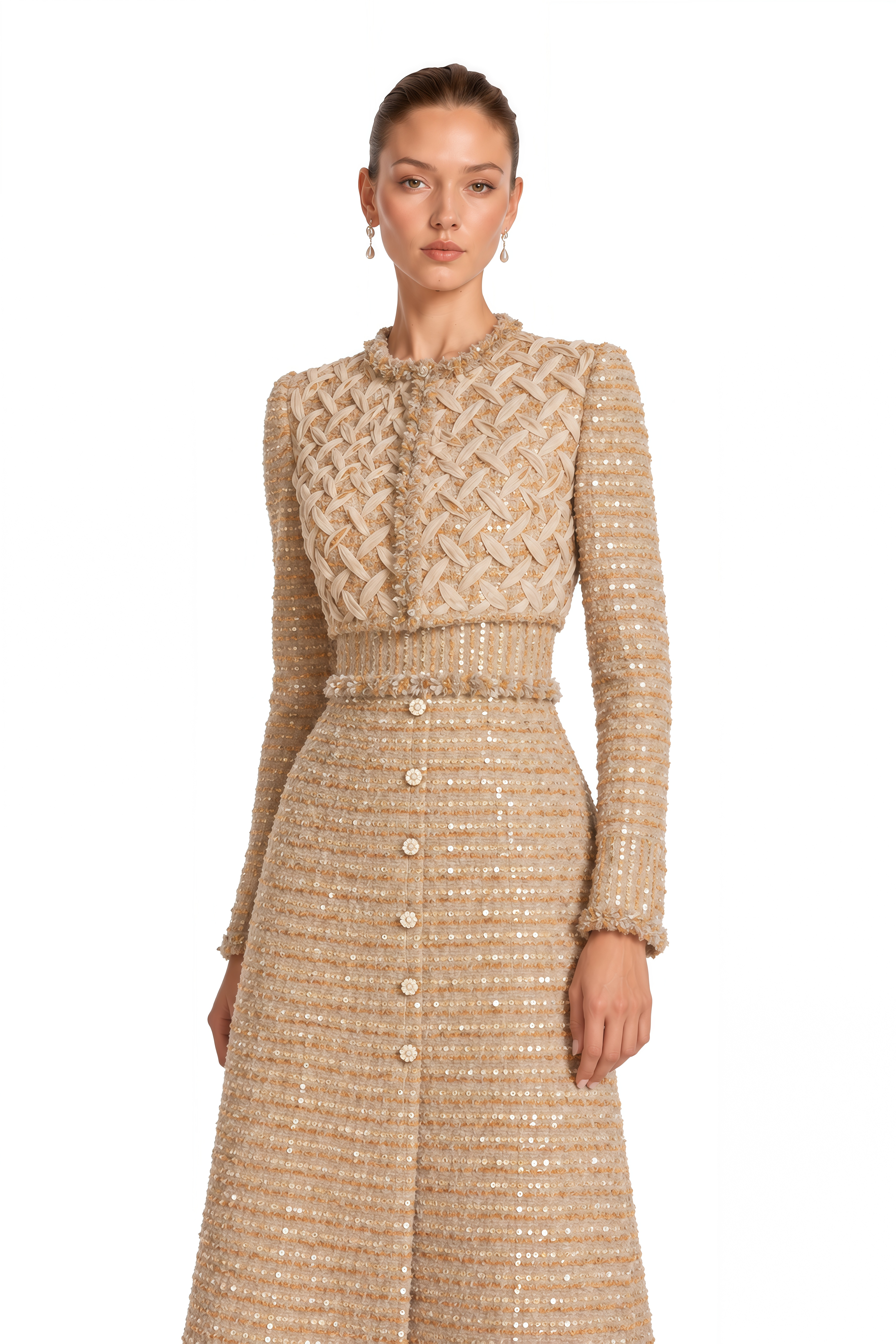 Eleanor Gold Sequin Tweed Long Sleeve Maxi Dress