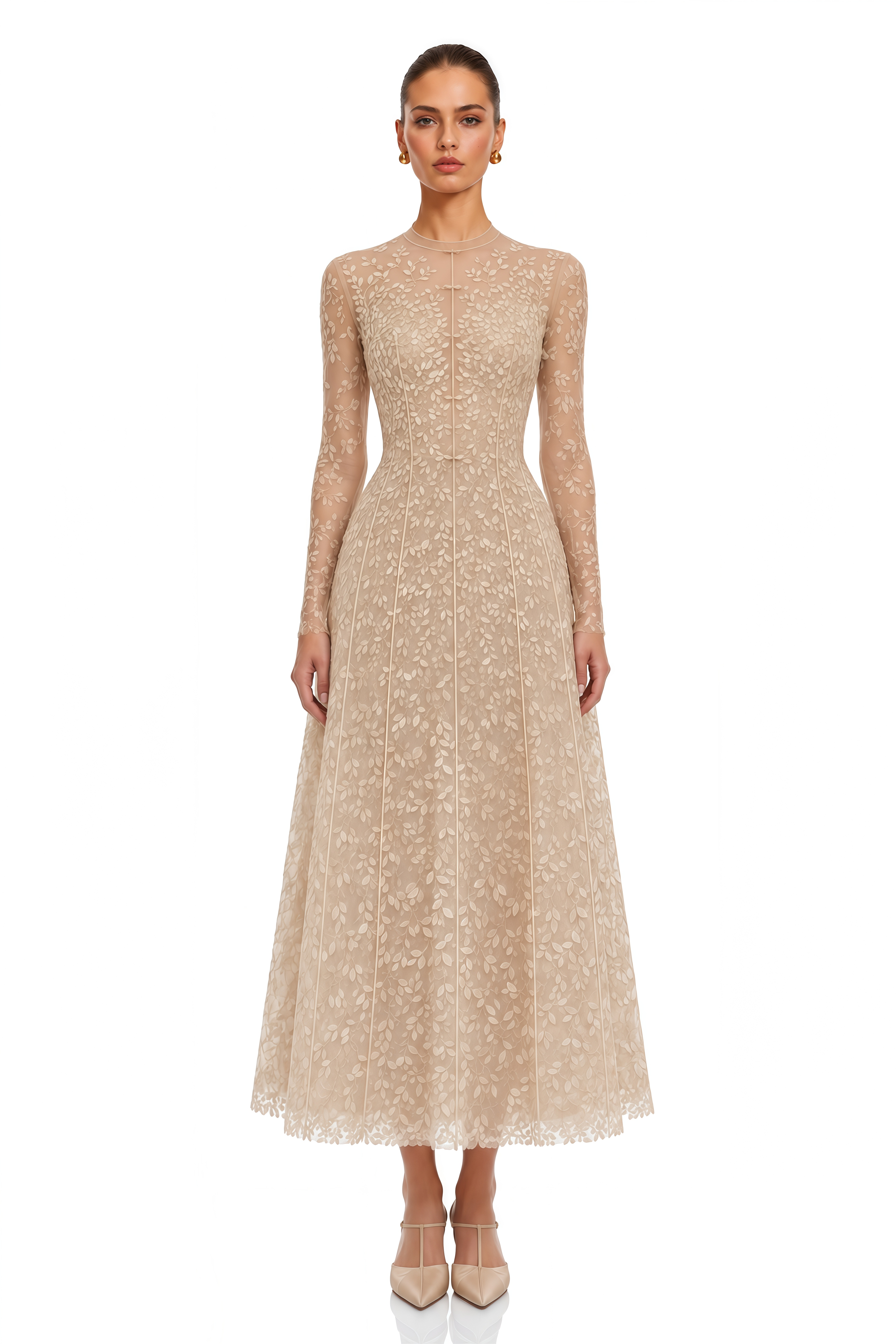 Eleanora Neutral Botanical Embroidered Long-Sleeve Midi Dress