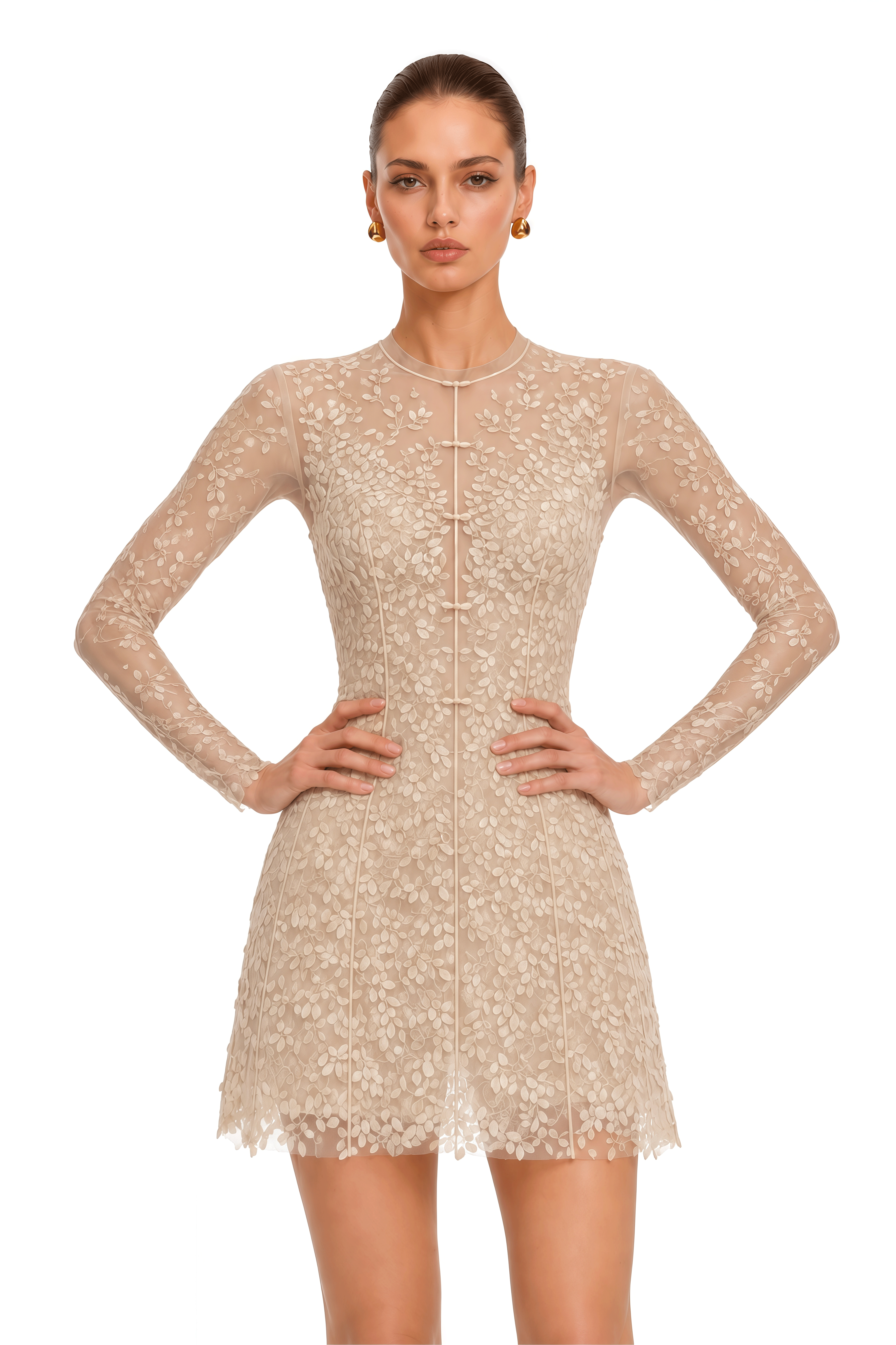 Eleanora Neutral Botanical Embroidered Long-Sleeve Mini Dress