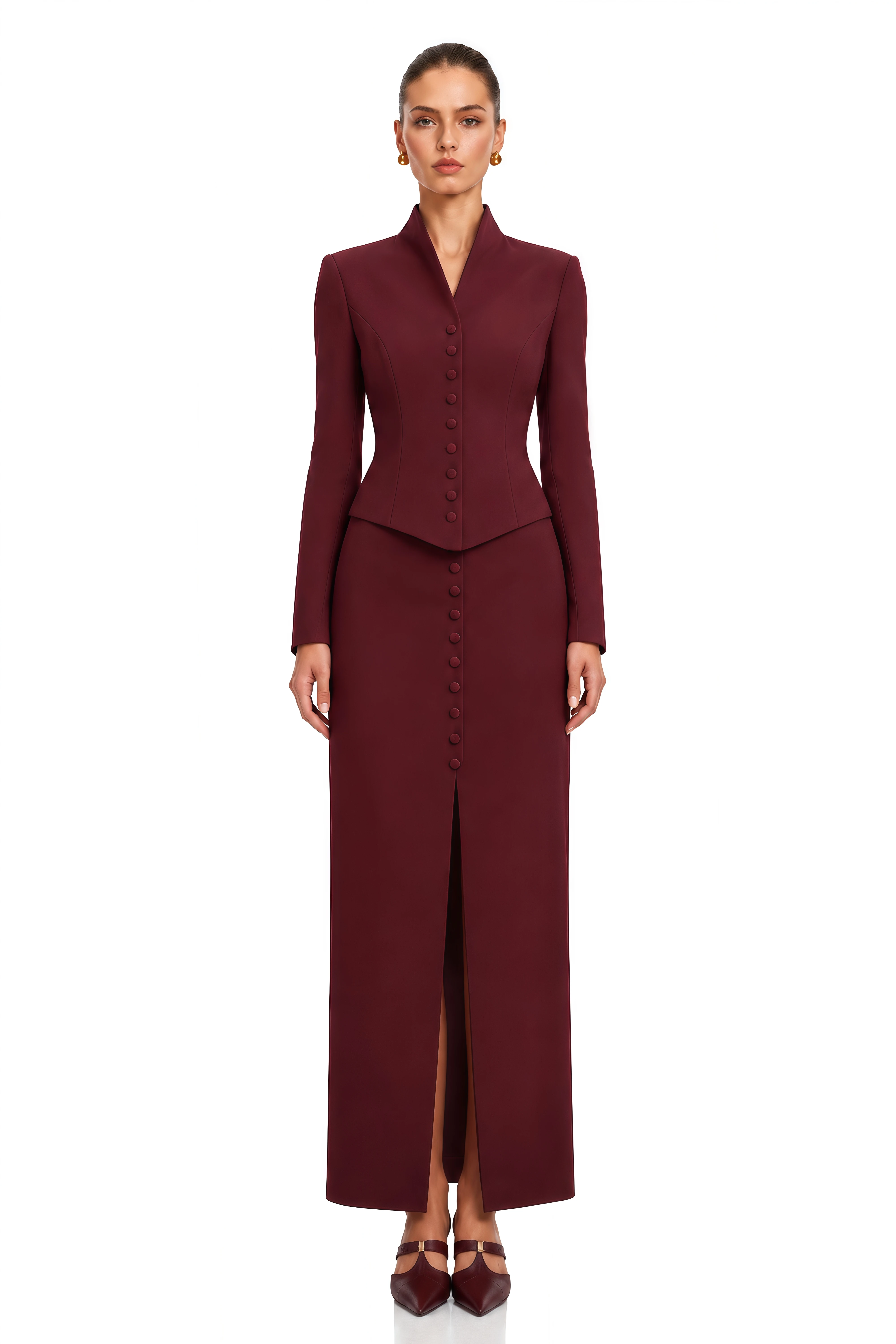 Eleni Burgundy Buttoned Jacket & Maxi Skirt Set