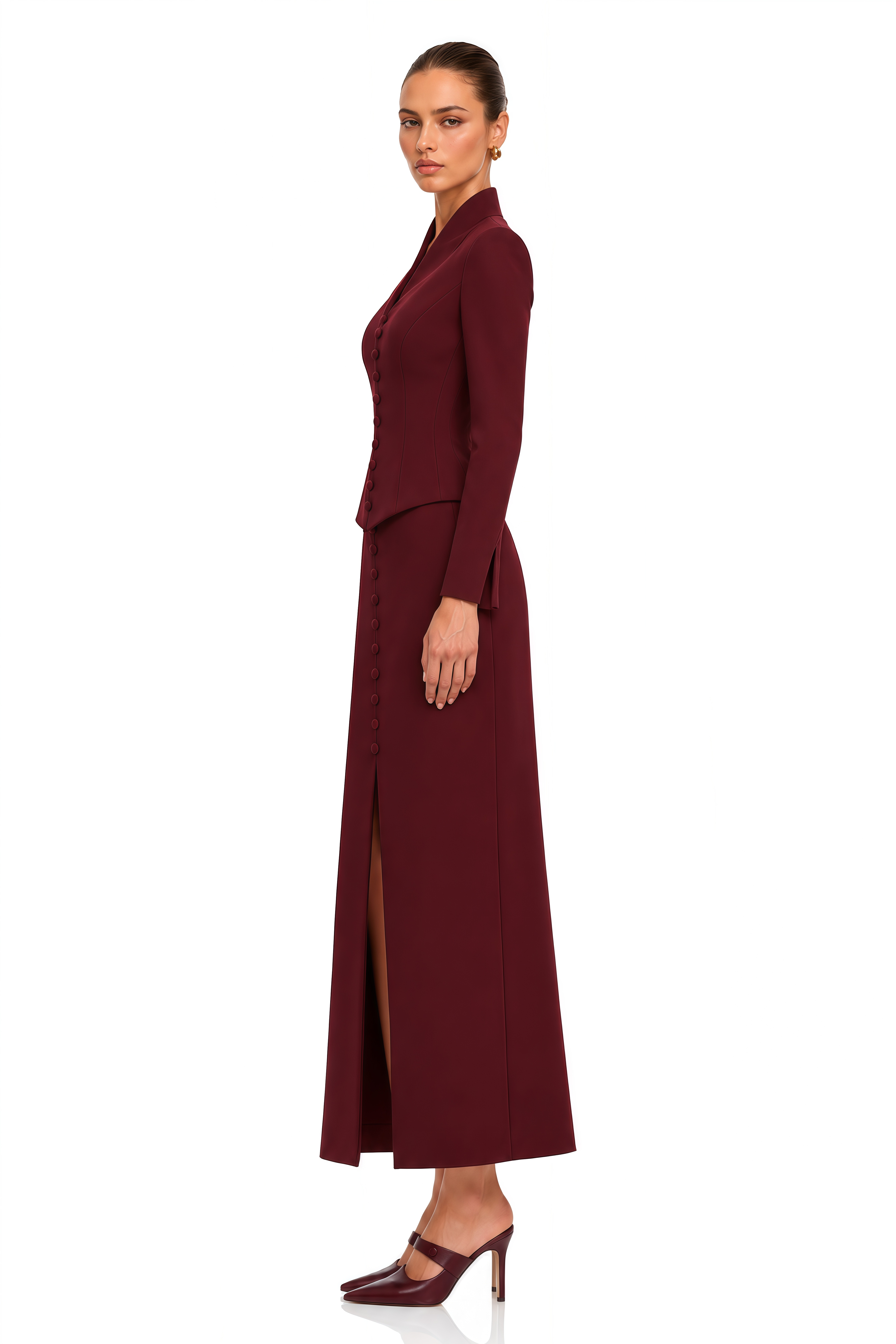 Eleni Burgundy Buttoned Jacket & Maxi Skirt Set