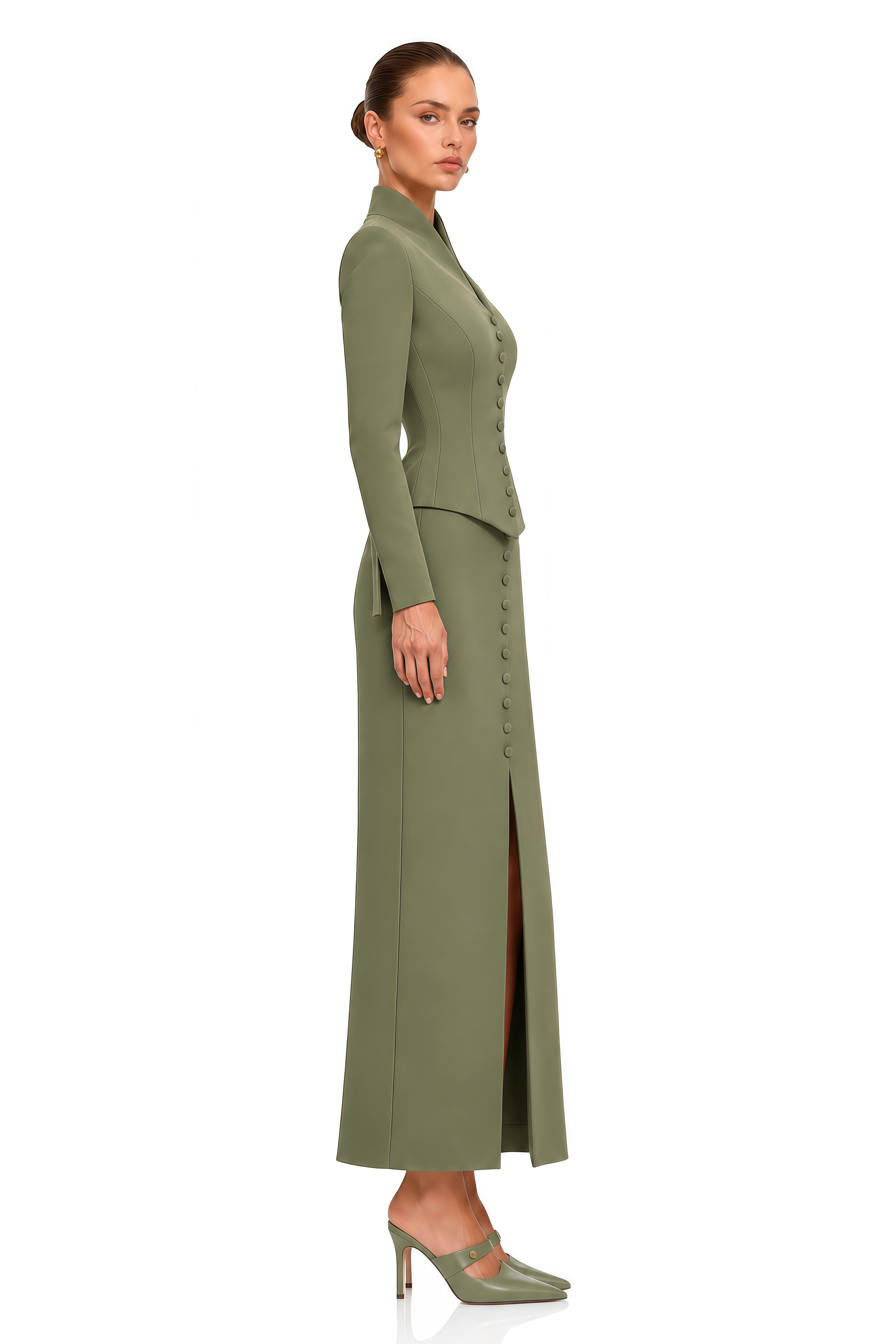 Eleni Green Buttoned Jacket & Maxi Skirt Set