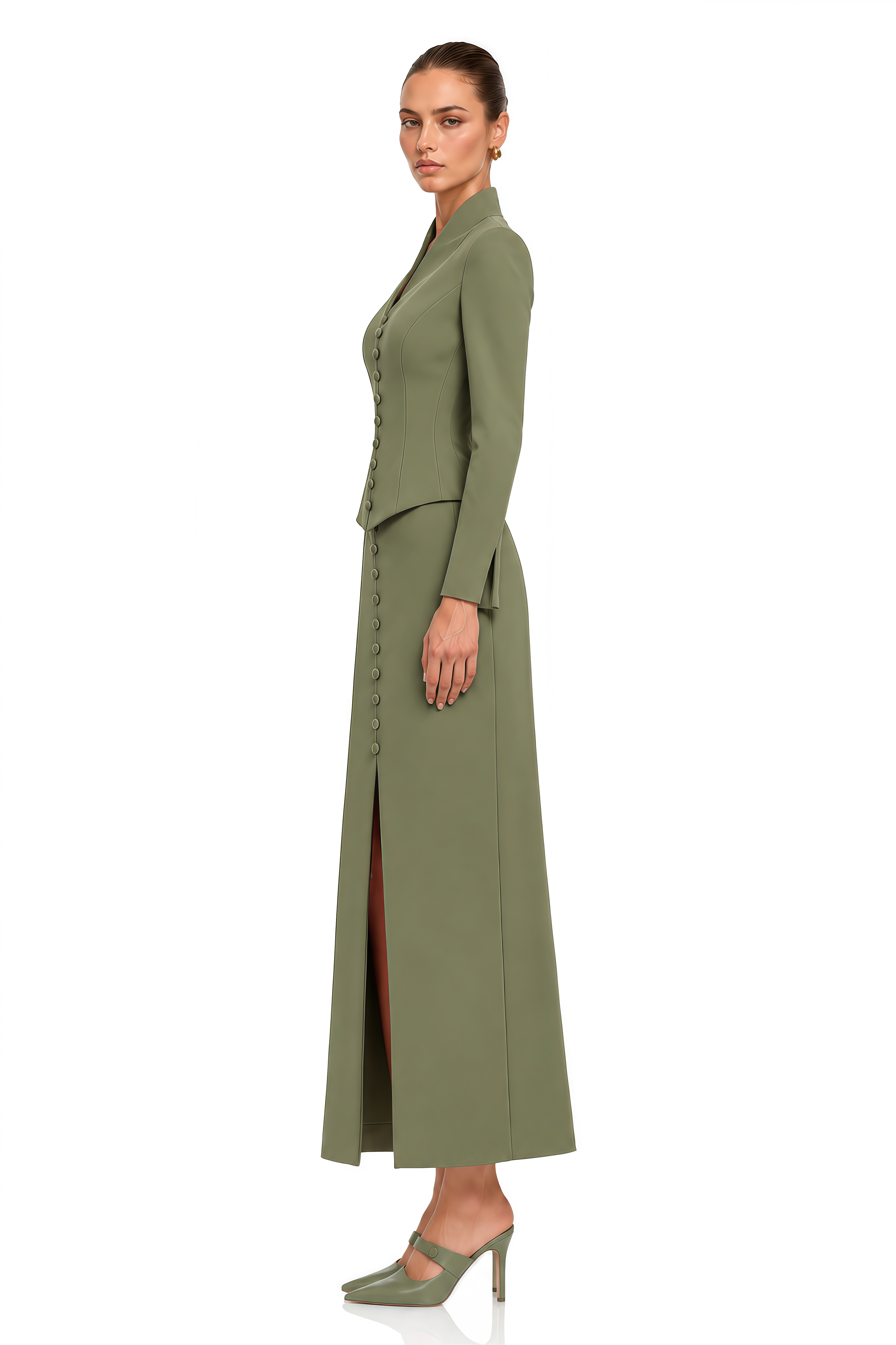 Eleni Green Buttoned Jacket & Maxi Skirt Set