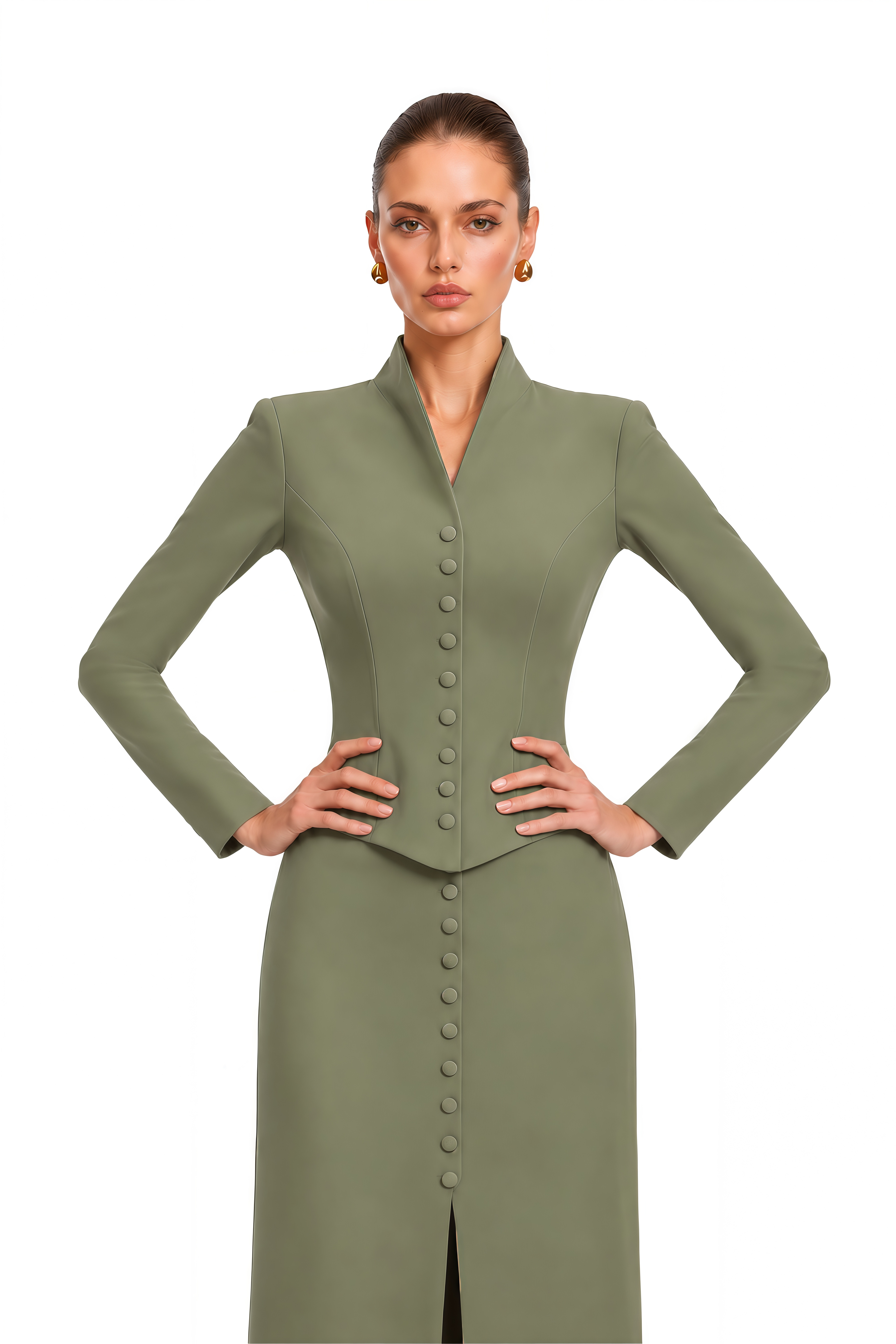 Eleni Green Buttoned Jacket & Maxi Skirt Set
