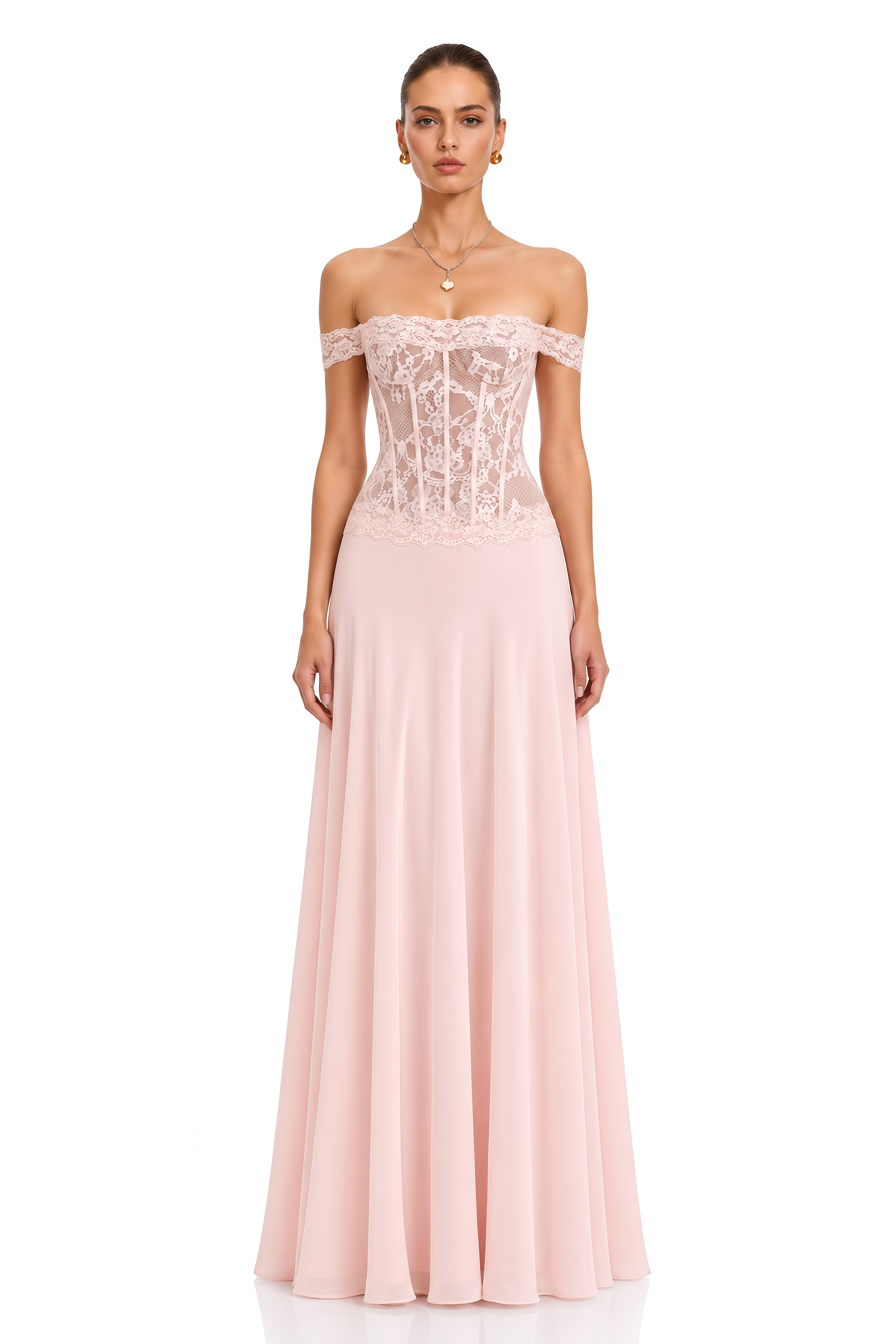 Eliana Pink Lace Corset Off Shoulder Maxi Dress