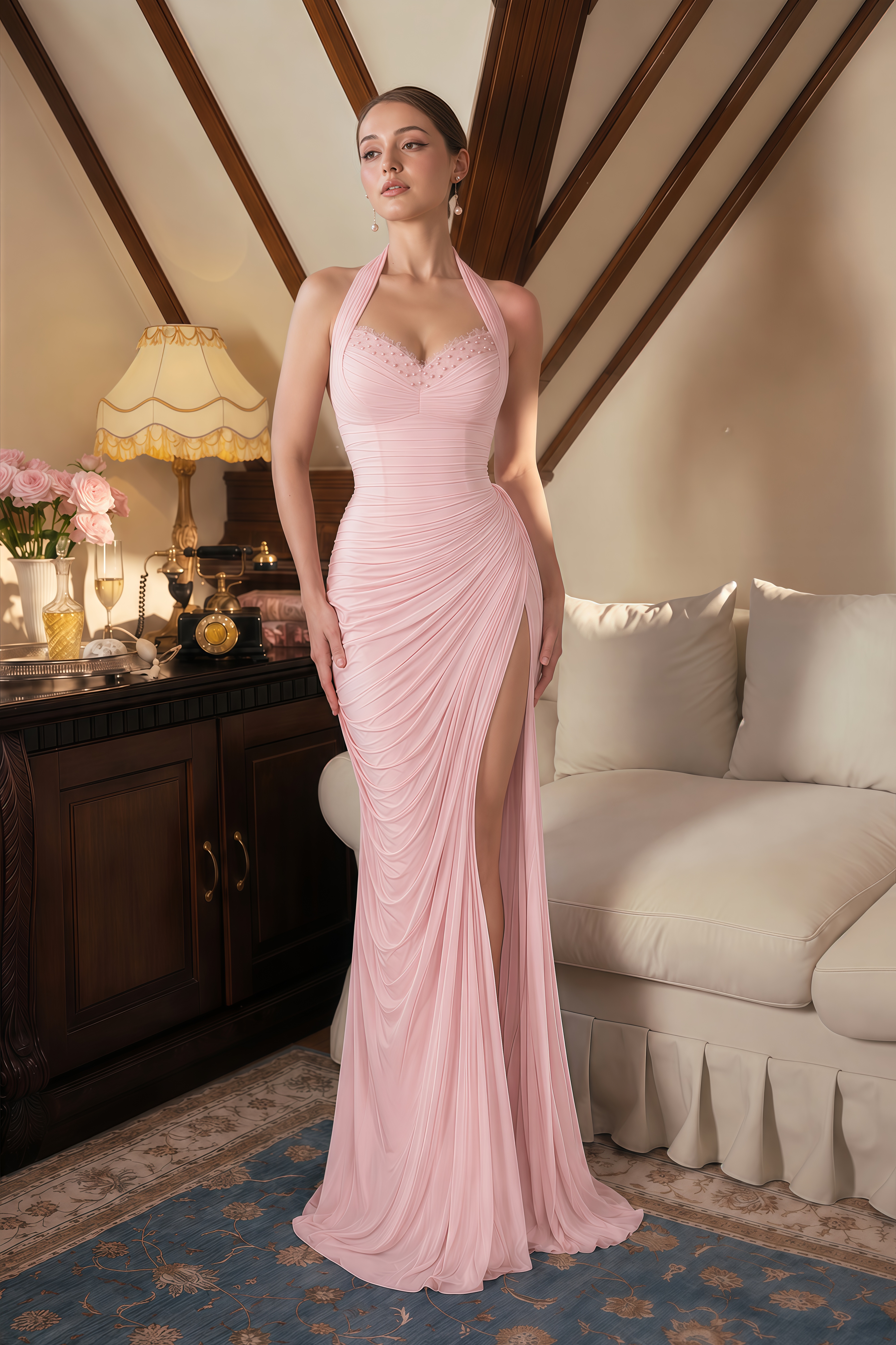 Elif Pink Halterneck Ruched Maxi Dress with Lace Trim