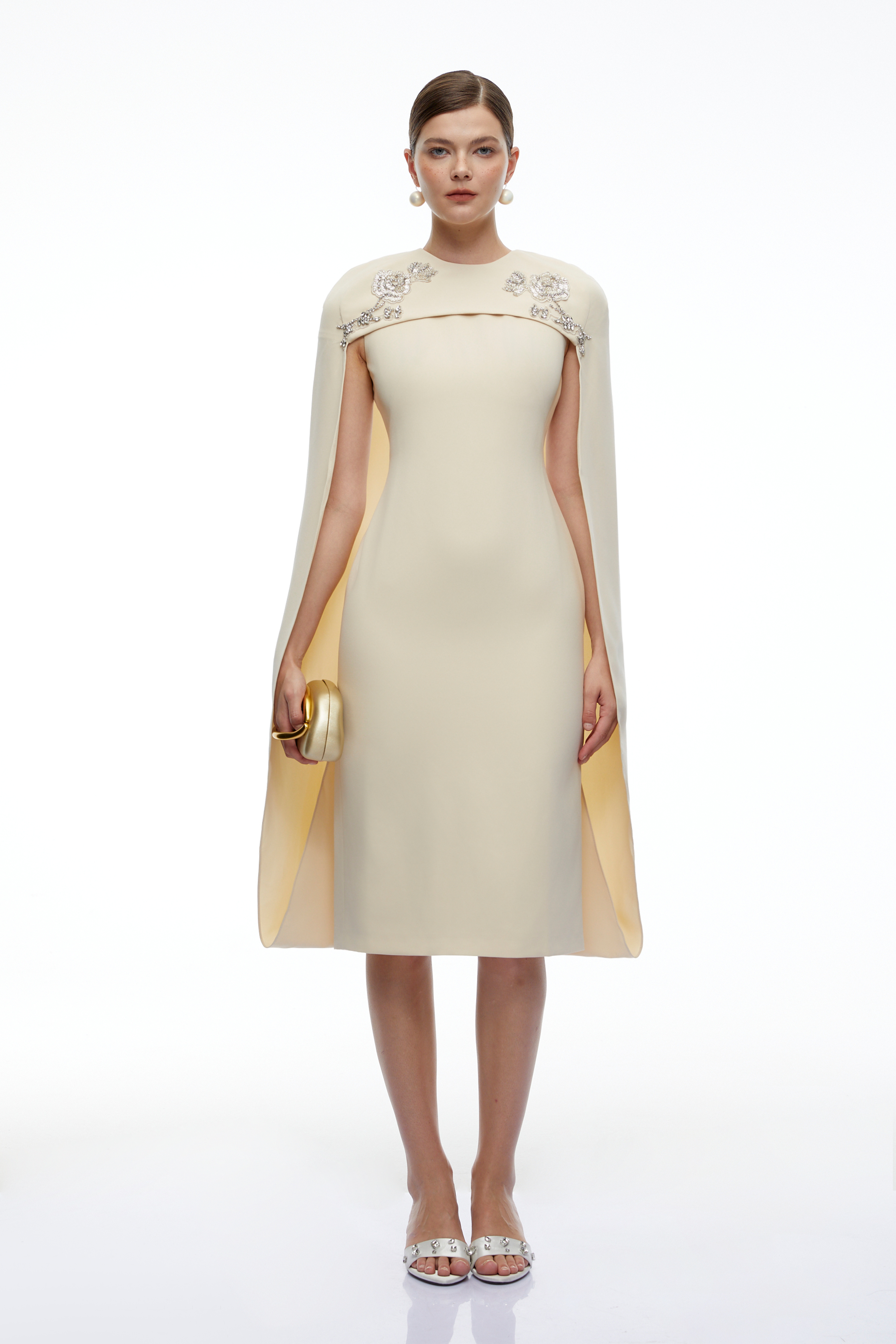 Elina Neutral Embellished Cape Sleeve Midi Dress