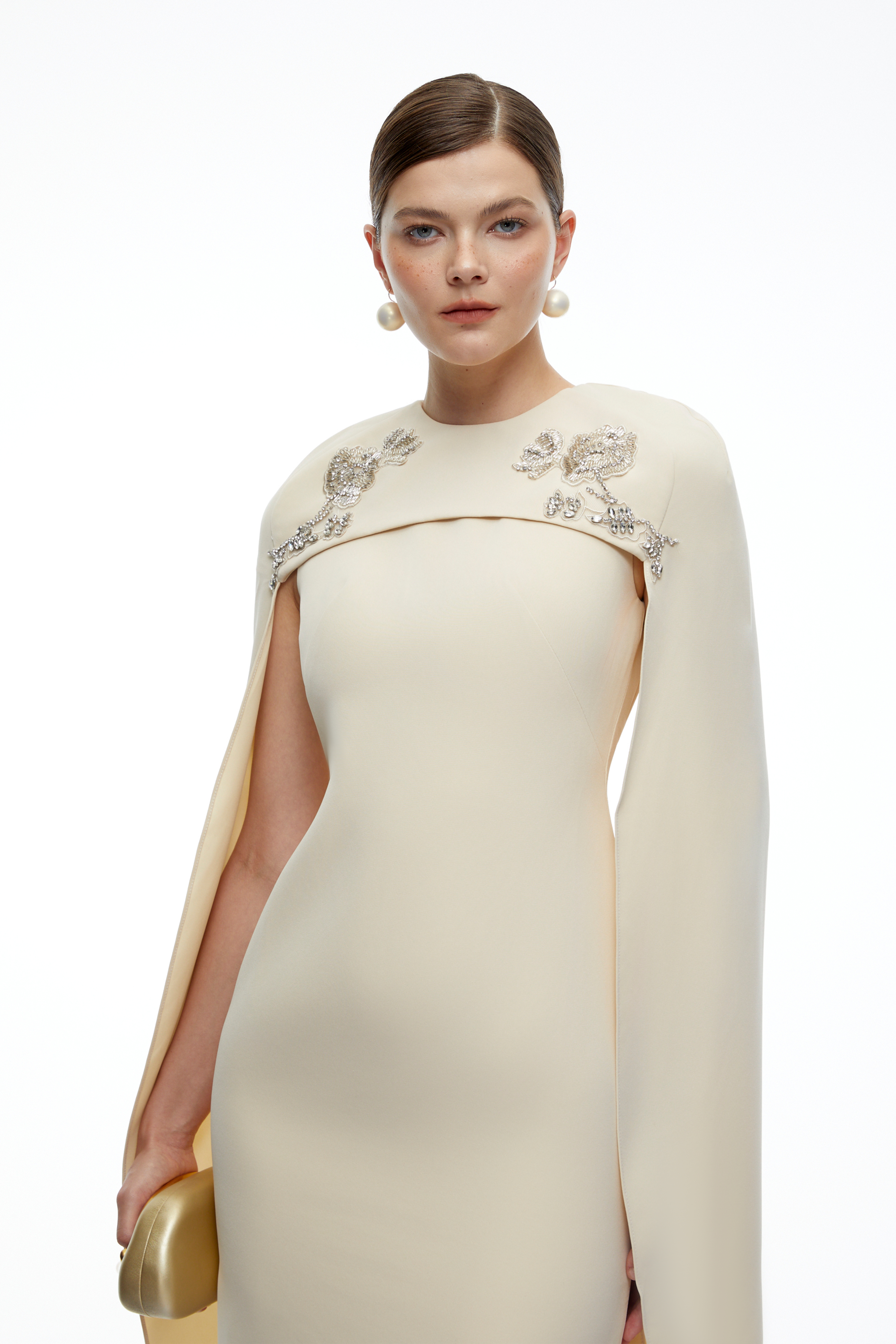 Elina Neutral Embellished Cape Sleeve Midi Dress