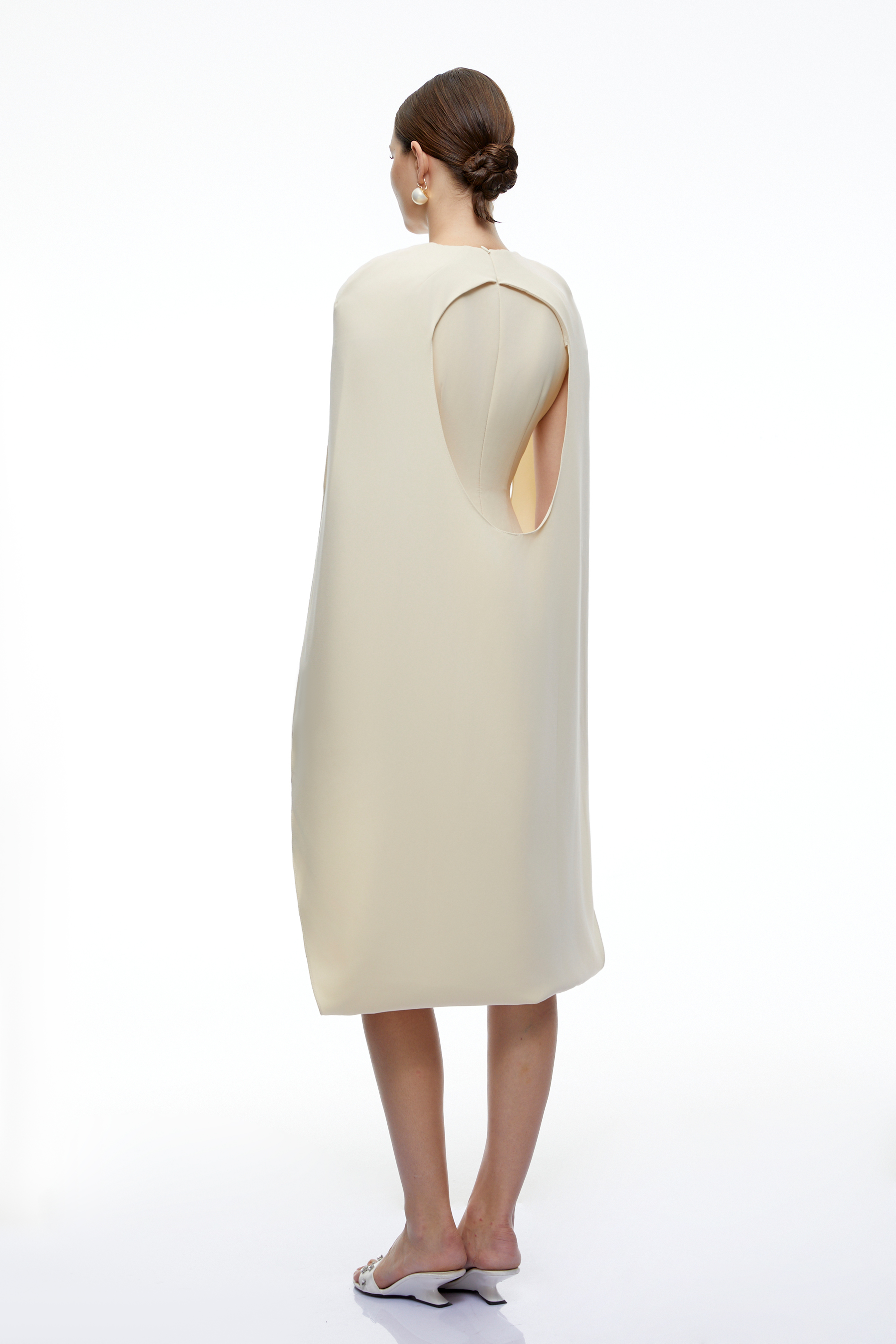 Elina Neutral Embellished Cape Sleeve Midi Dress