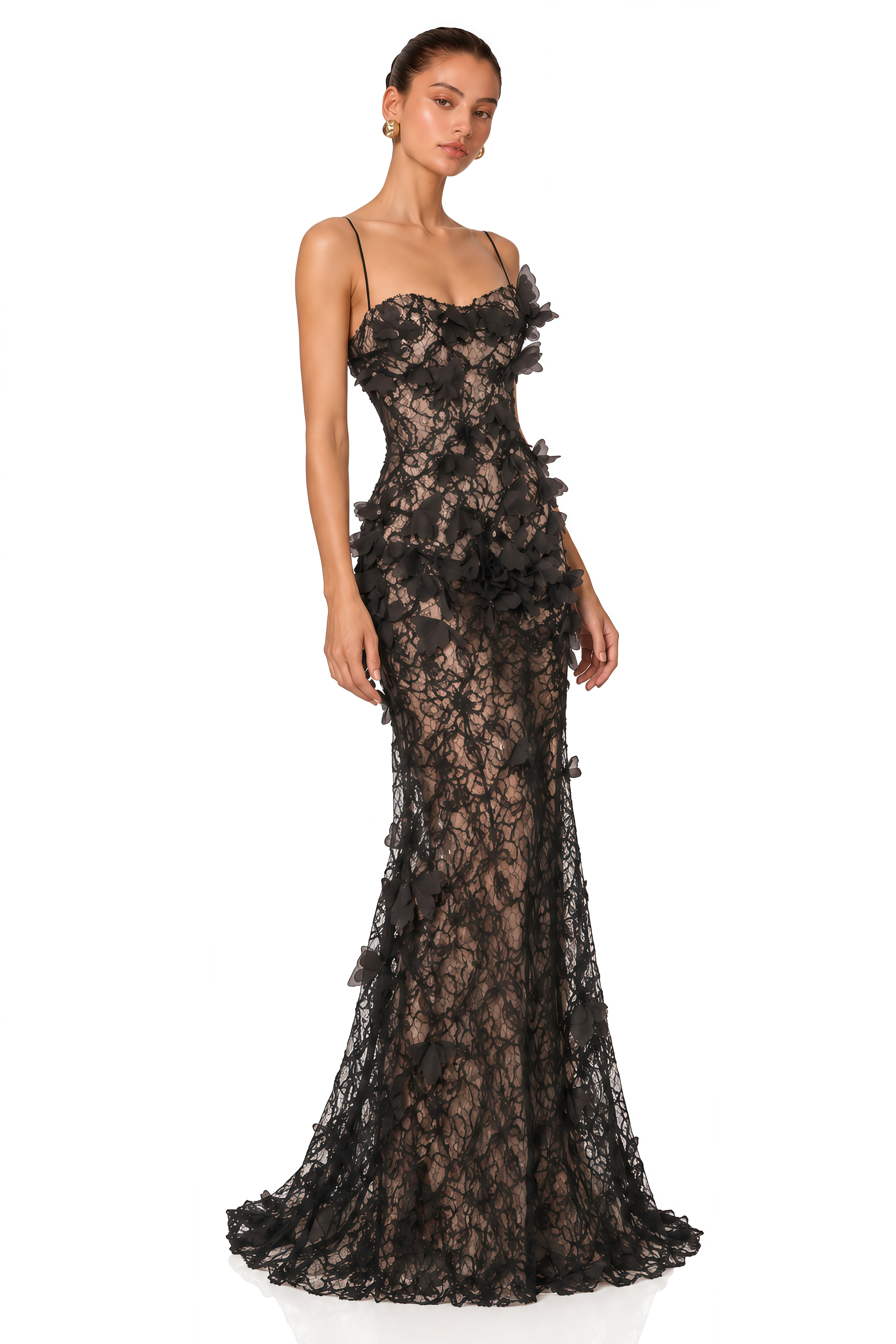 Eliora Black 3D Floral Lace Mermaid Maxi Dress