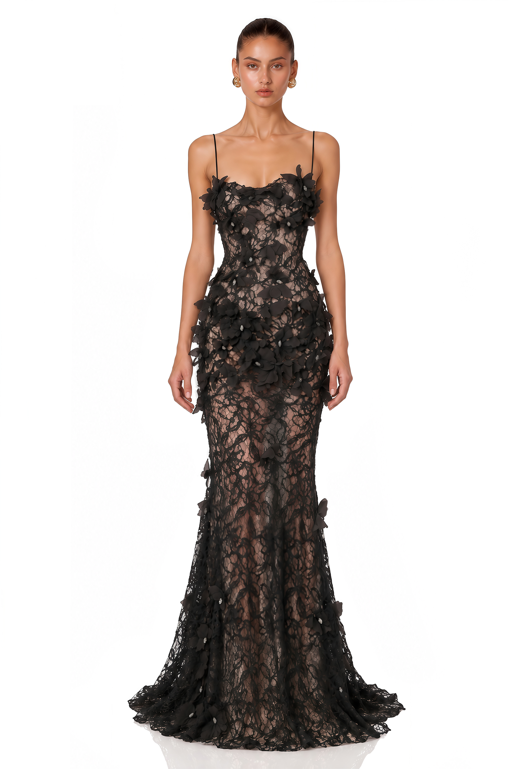 Eliora Black 3D Floral Lace Mermaid Maxi Dress