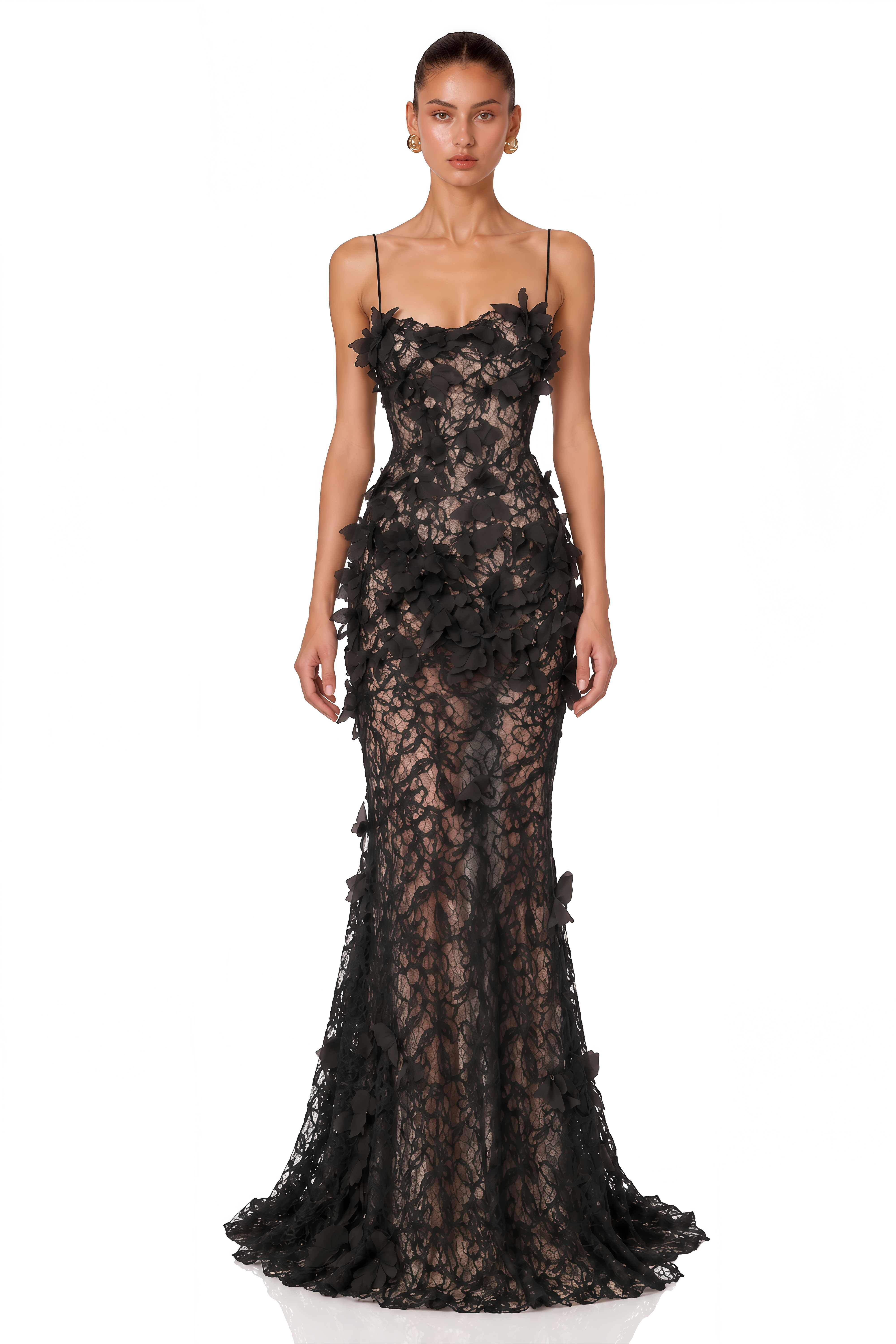 Eliora Black 3D Floral Lace Mermaid Maxi Dress