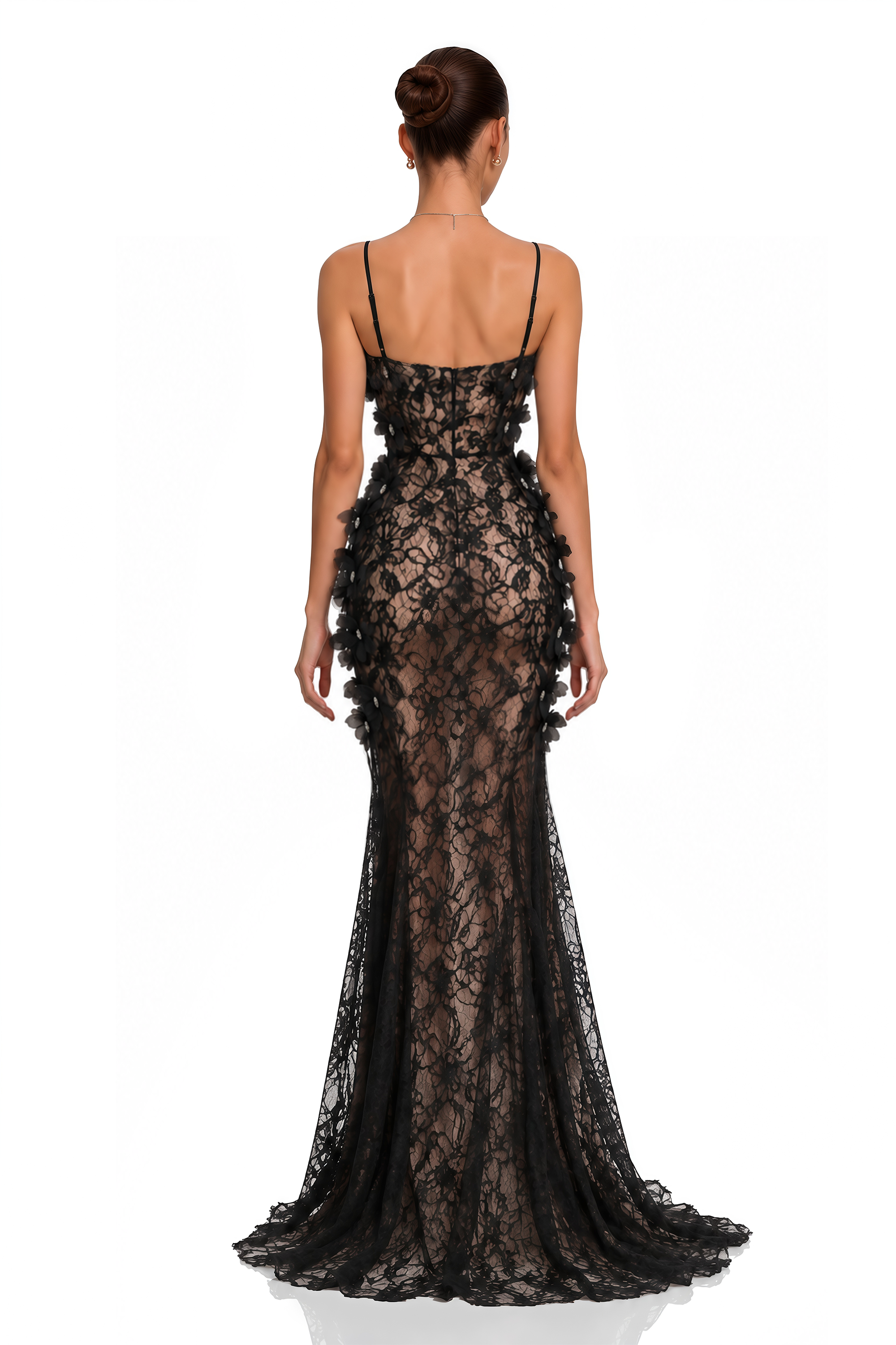 Eliora Black 3D Floral Lace Mermaid Maxi Dress