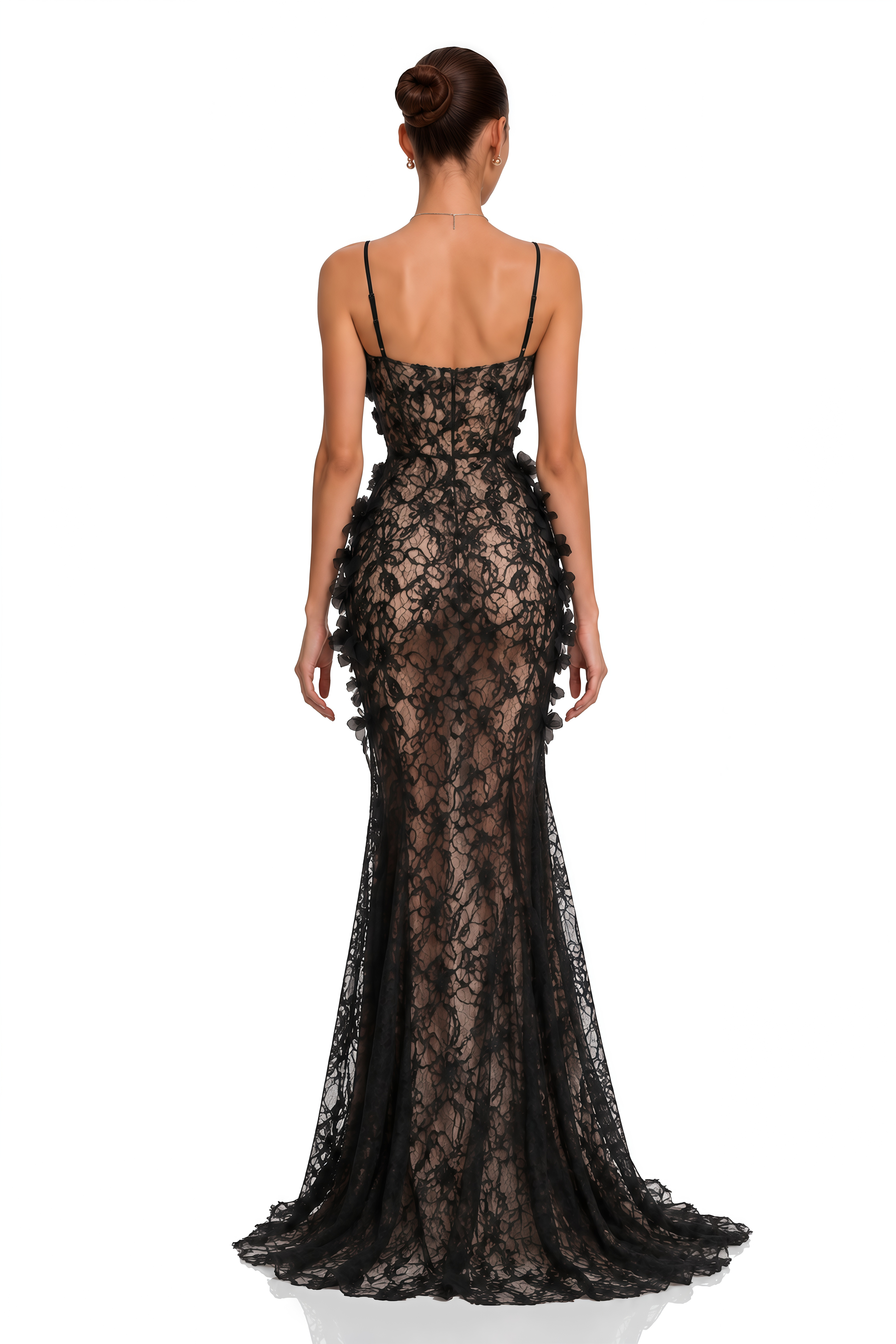 Eliora Black 3D Floral Lace Mermaid Maxi Dress
