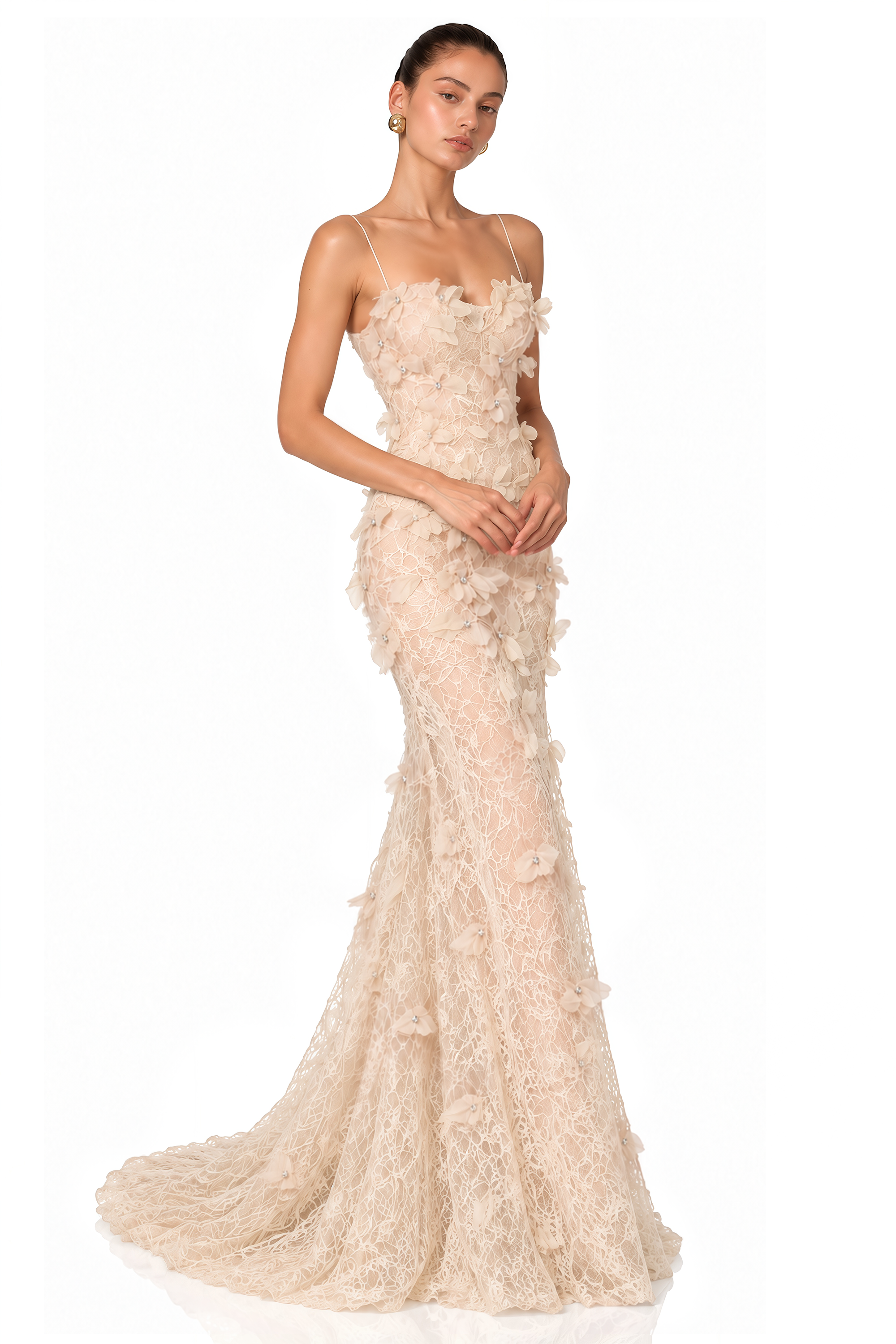 Eliora Ivory 3D Floral Lace Mermaid Maxi Dress
