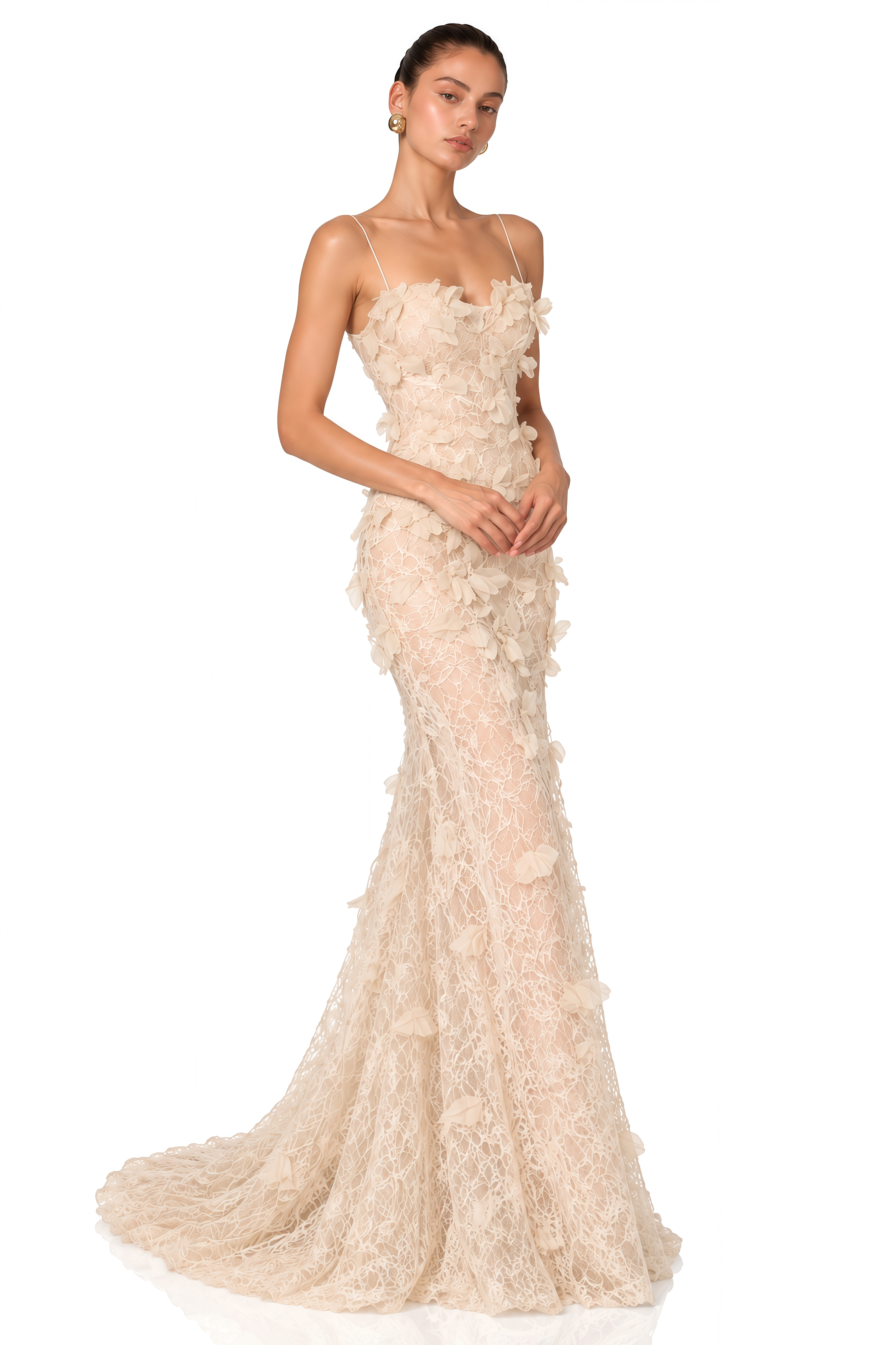 Eliora Ivory 3D Floral Lace Mermaid Maxi Dress