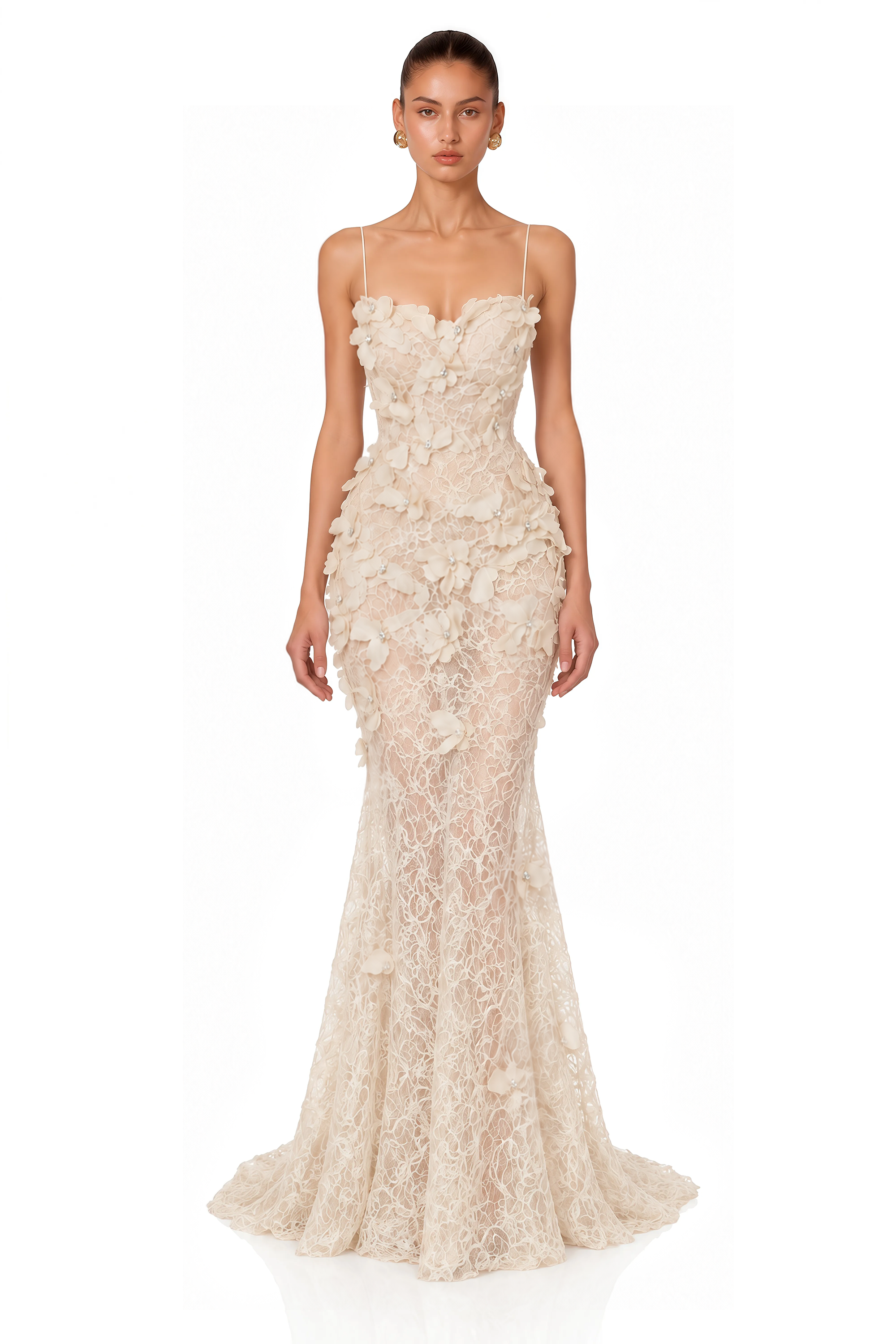 Eliora Ivory 3D Floral Lace Mermaid Maxi Dress