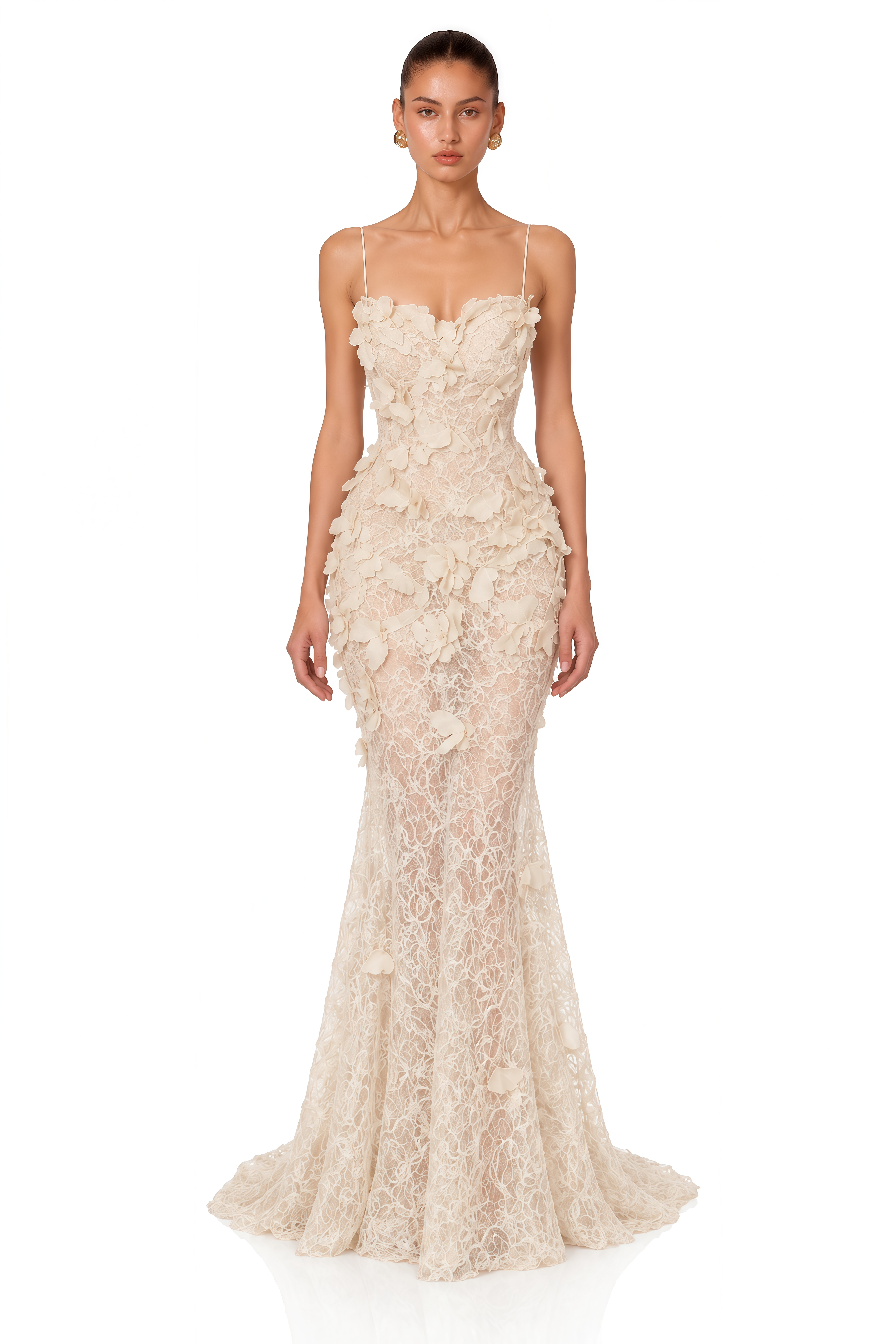 Eliora Ivory 3D Floral Lace Mermaid Maxi Dress