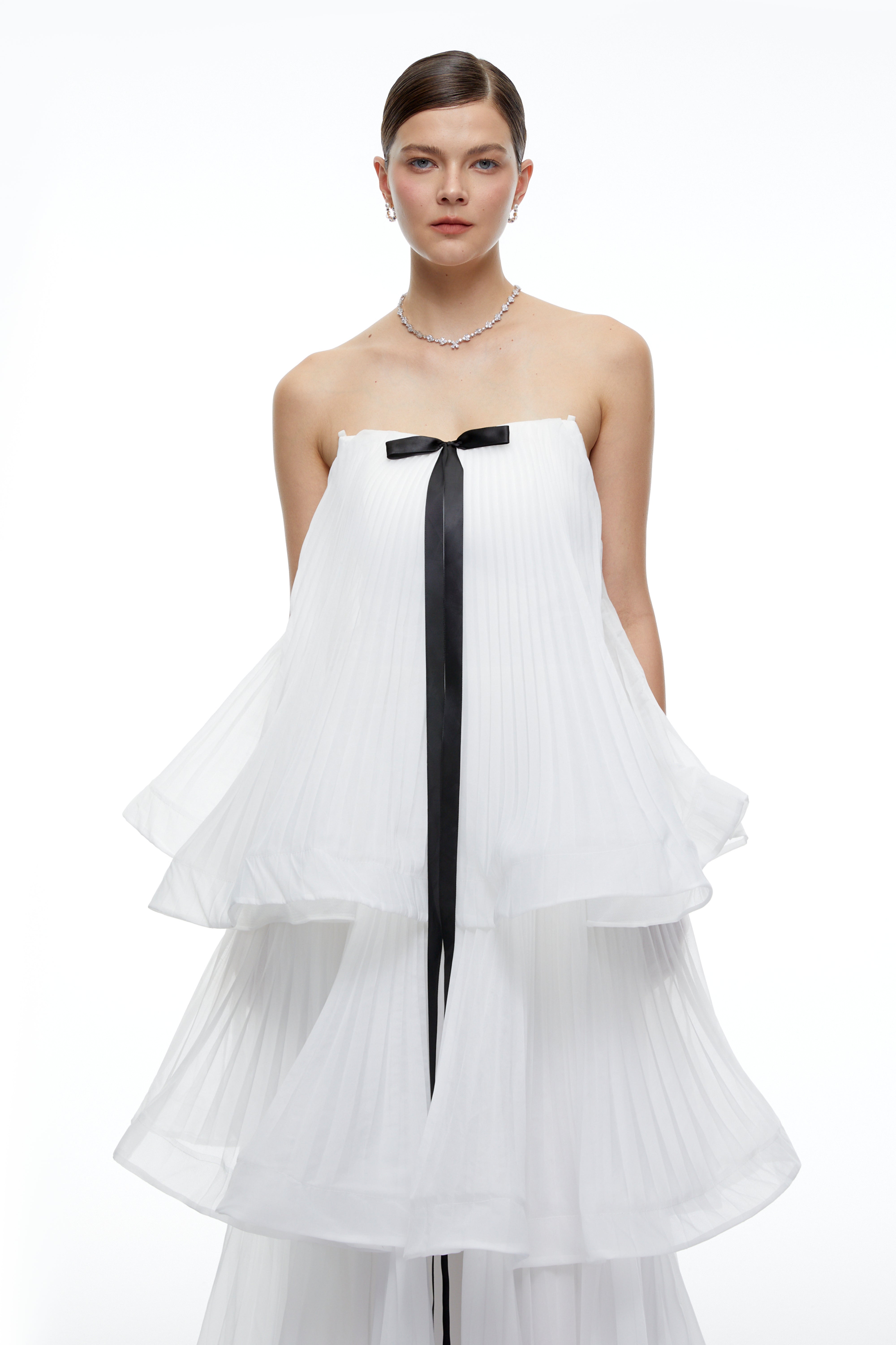 Elise White Strapless Tiered Pleated Maxi Dress with Black Bow