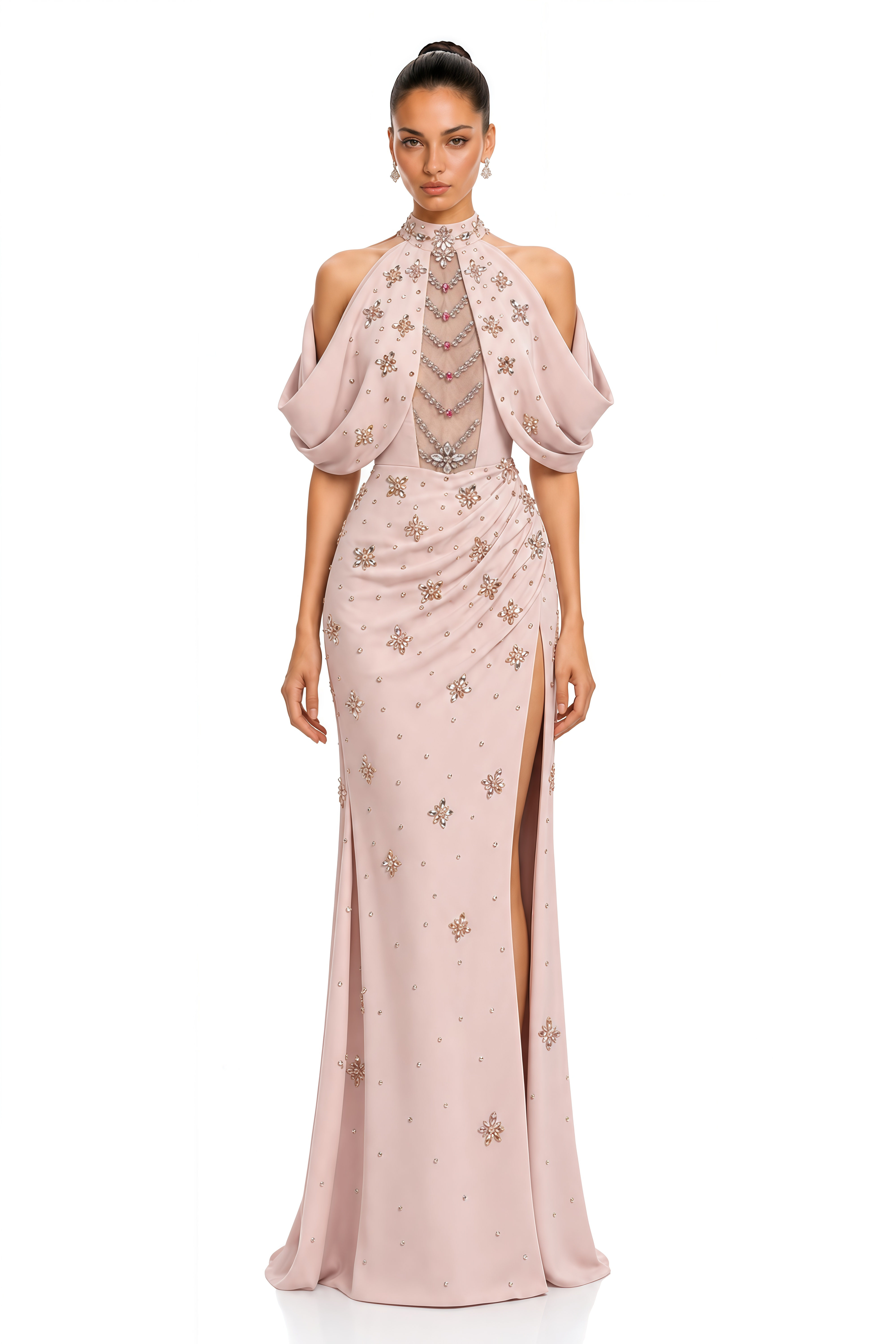 Elizah Blush Pink Embellished Halter Draped Maxi Gown