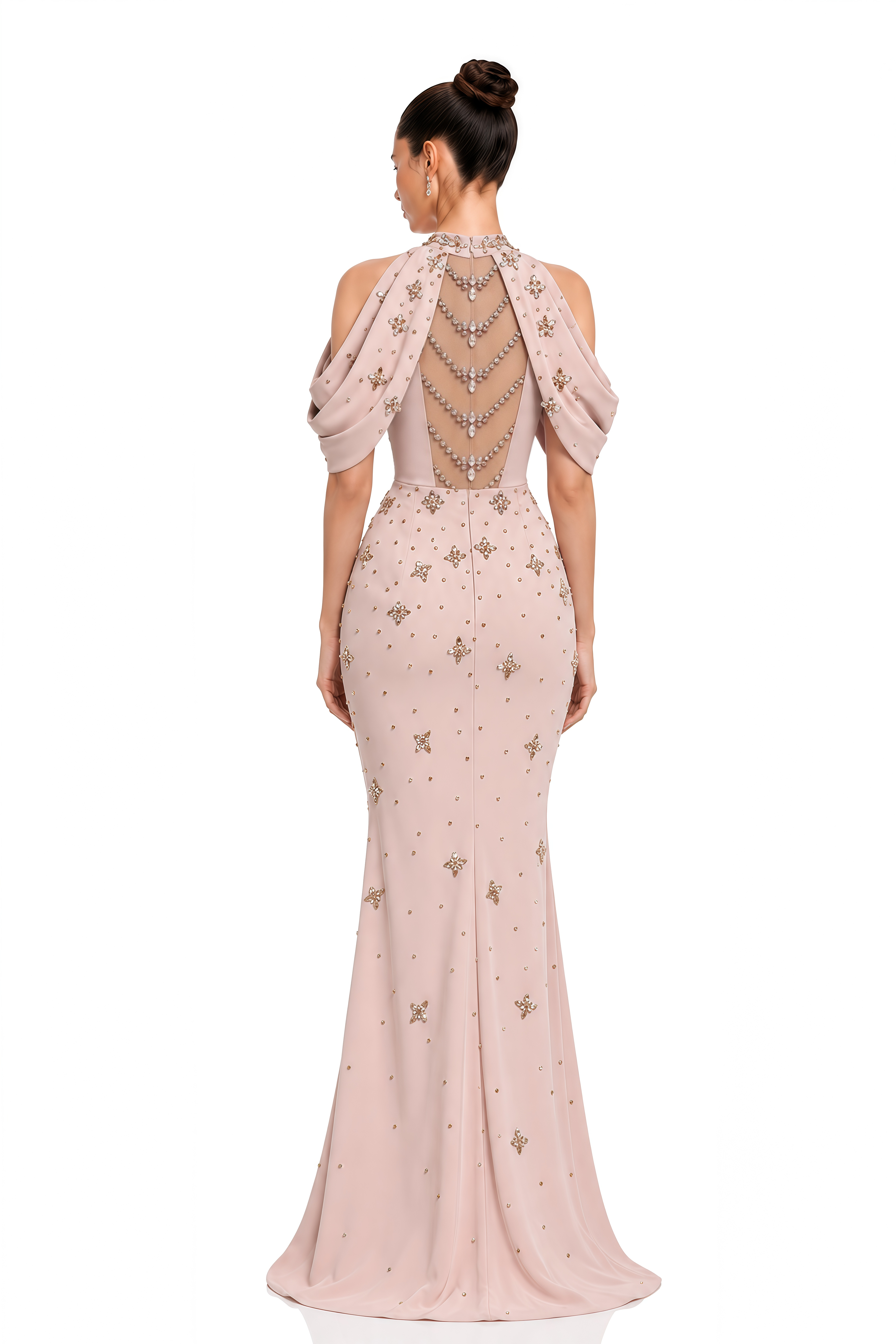 Elizah Blush Pink Embellished Halter Draped Maxi Gown