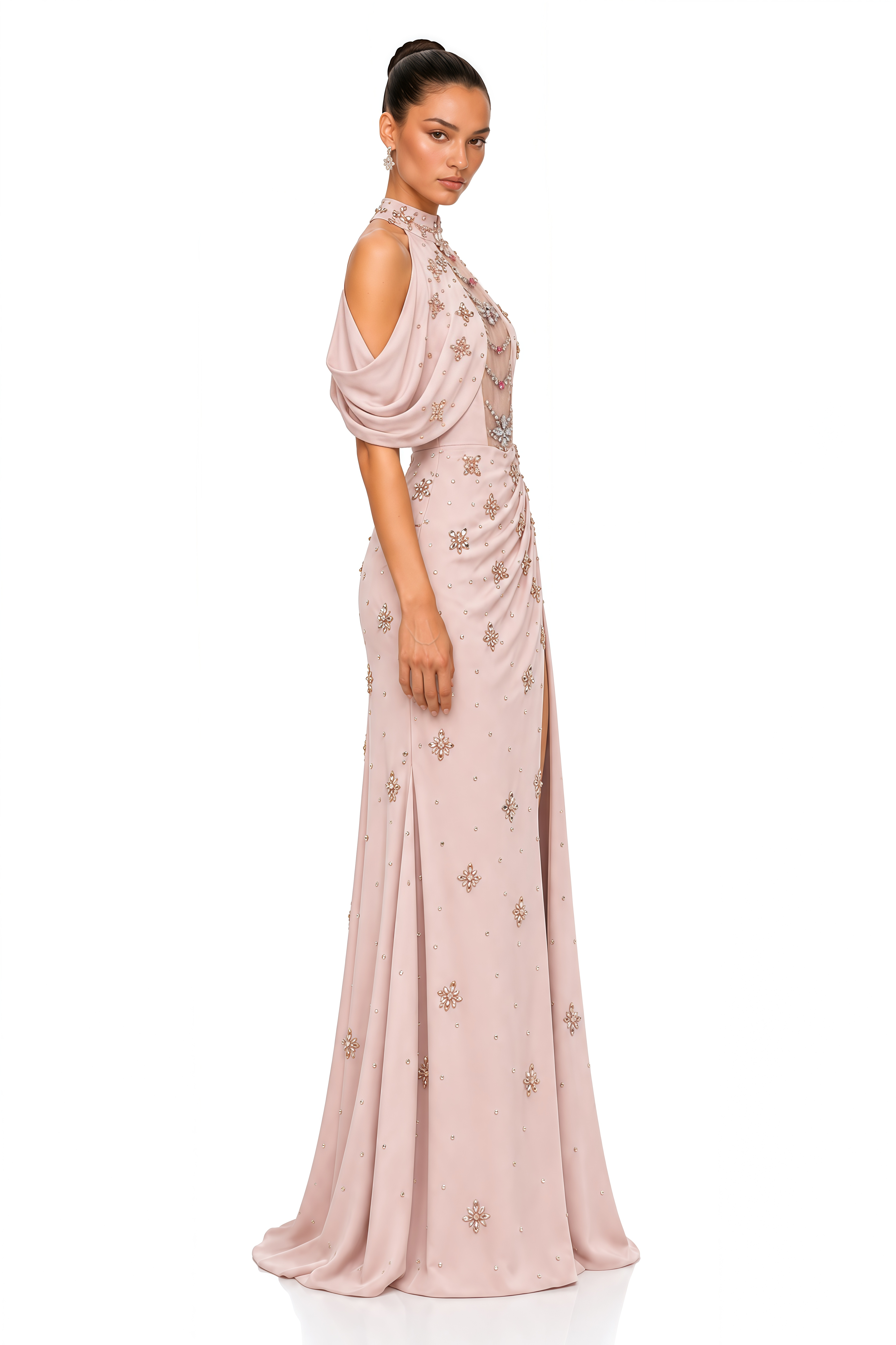 Elizah Blush Pink Embellished Halter Draped Maxi Gown