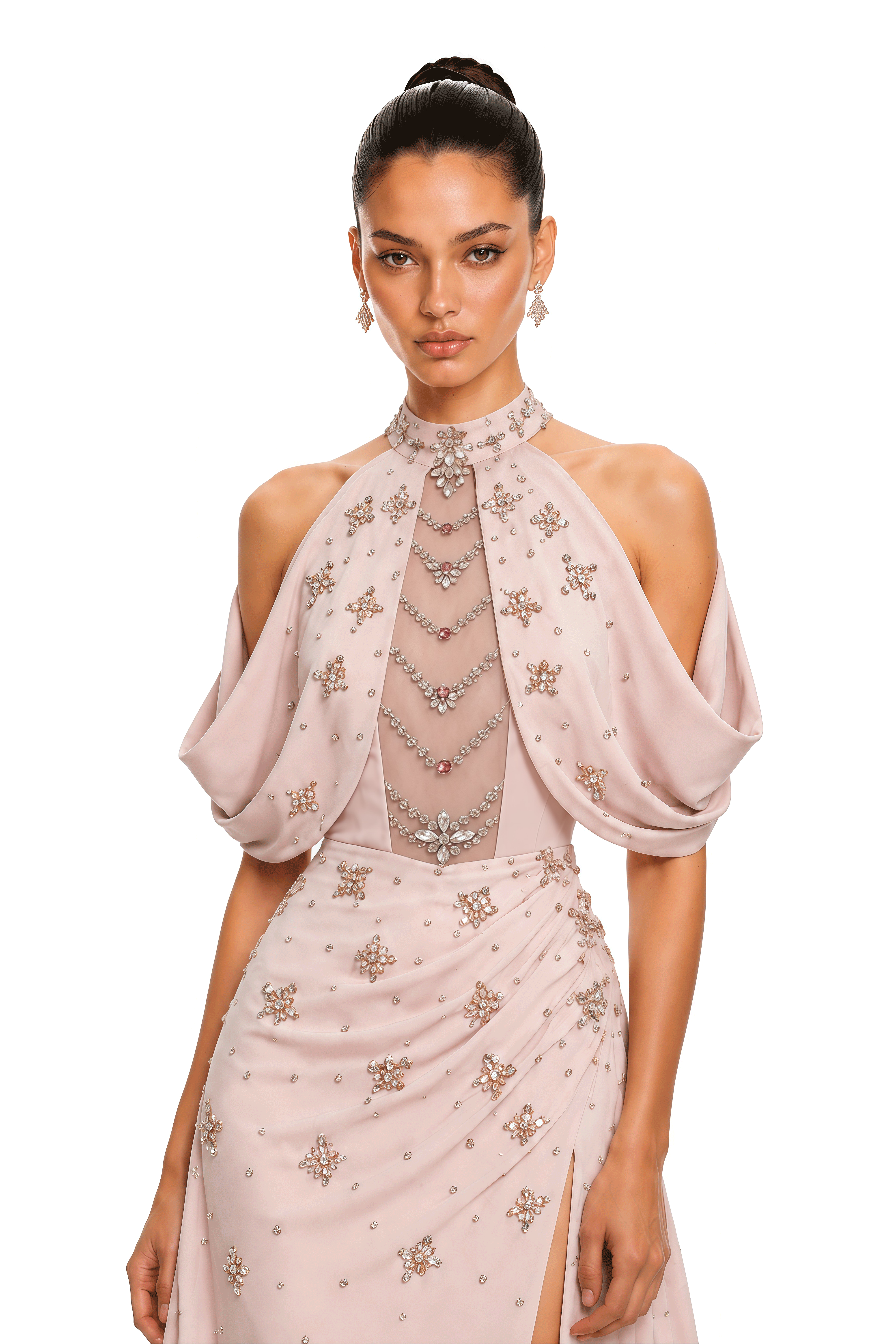 Elizah Blush Pink Embellished Halter Draped Maxi Gown