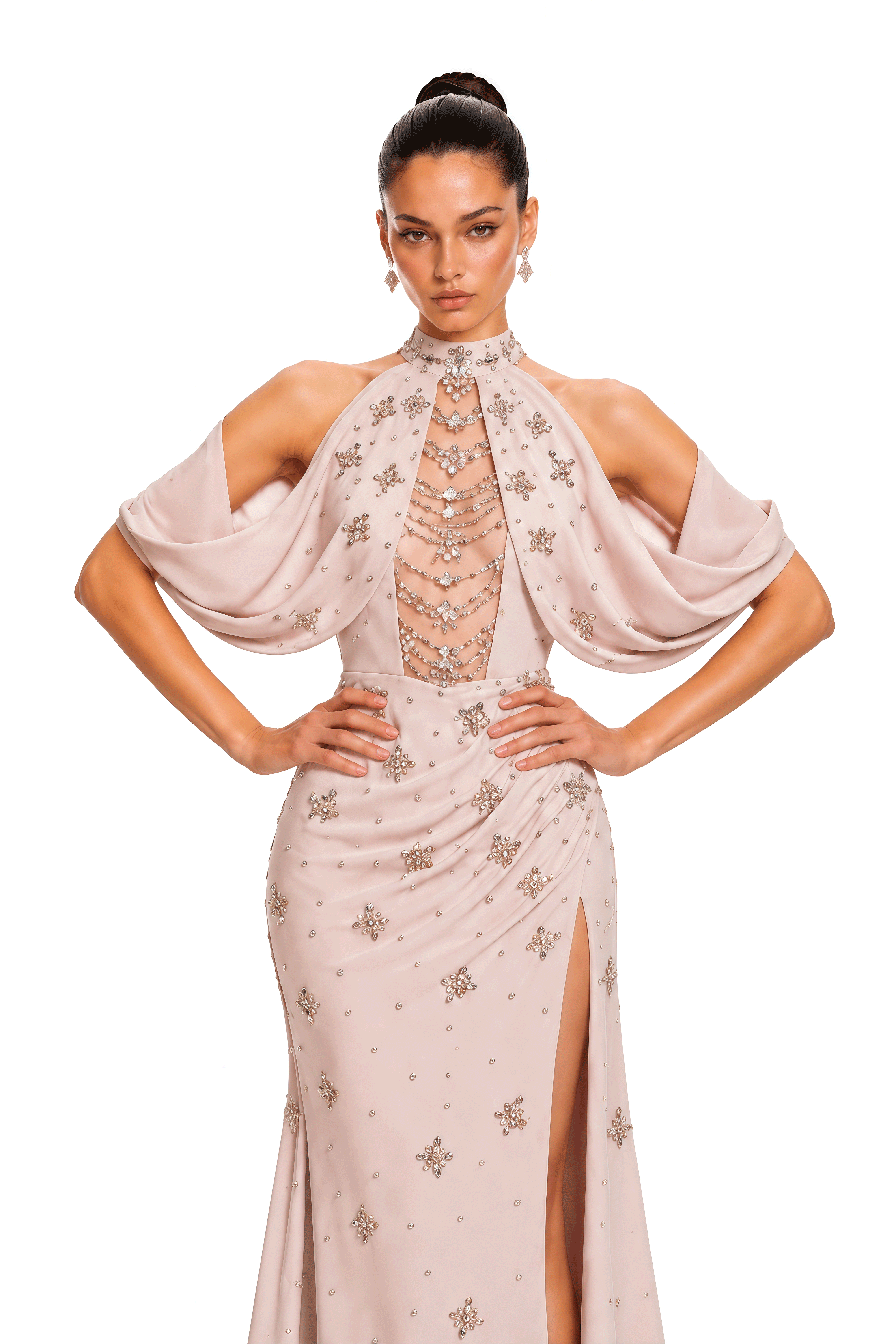 Elizah Blush Pink Embellished Halter Draped Maxi Gown