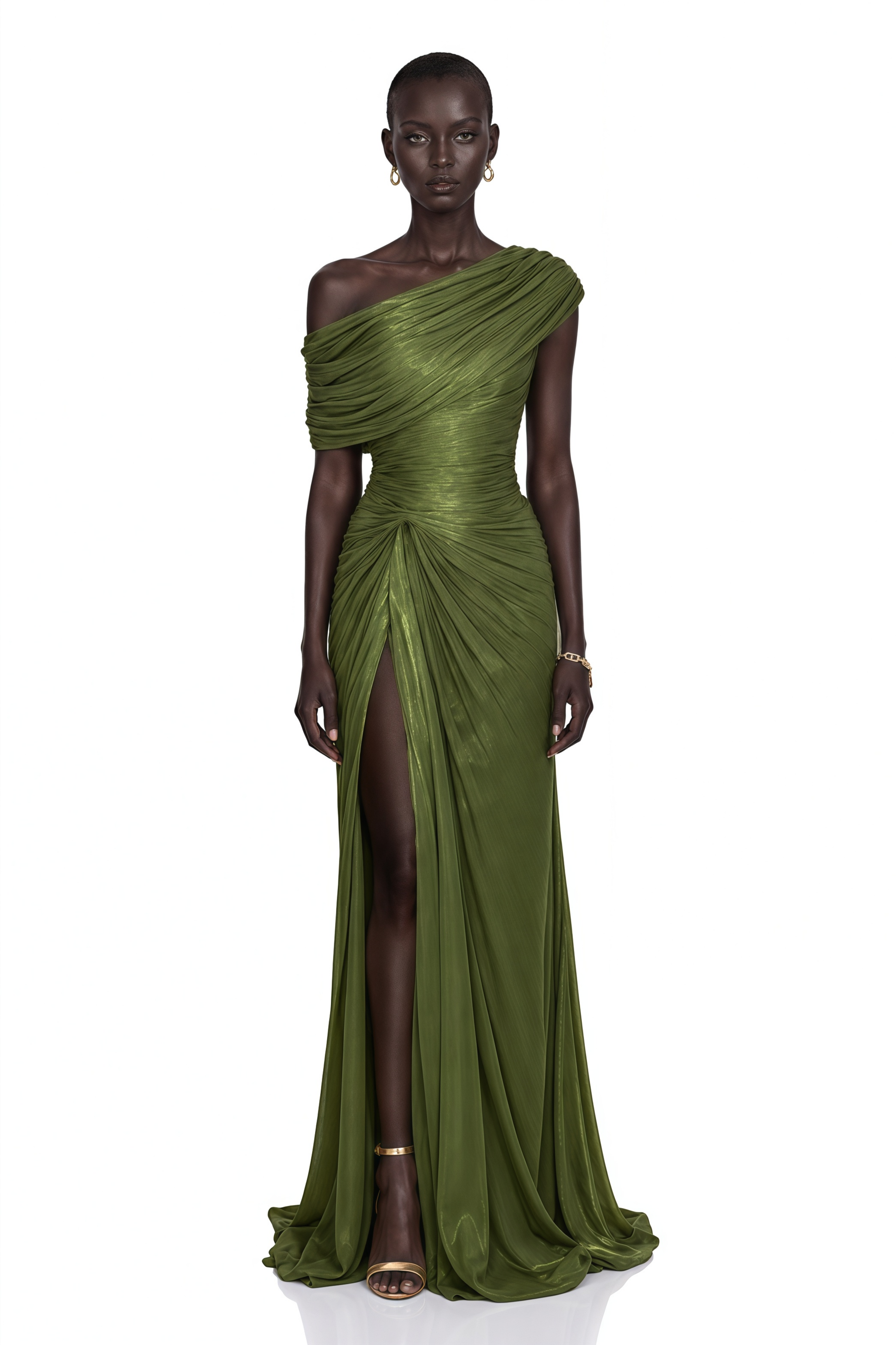 Elliott Olive Green One-Shoulder Ruched Maxi Dress with Slit