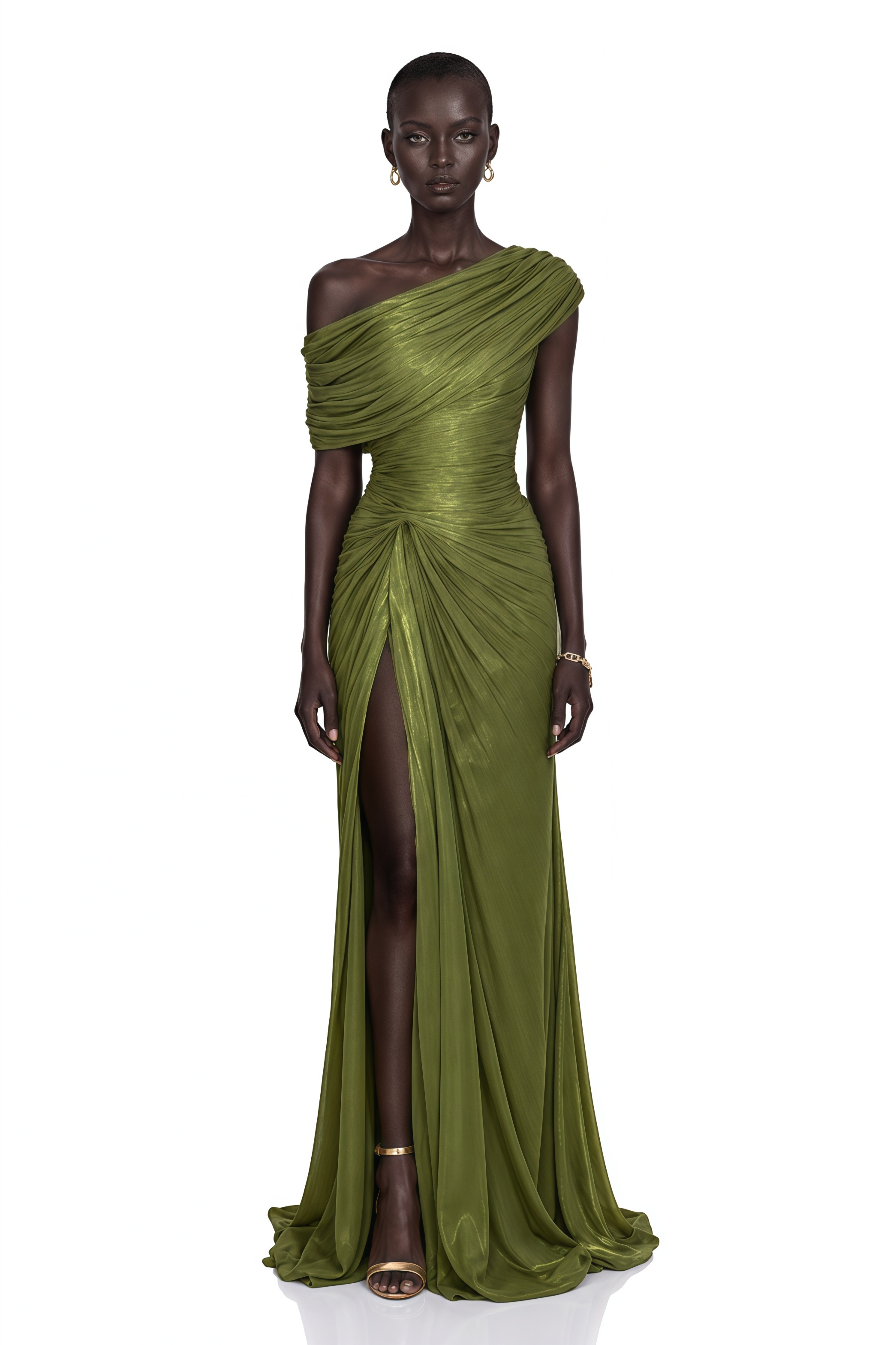 Elliott Olive One-Shoulder Ruched Maxi Dress with Slit