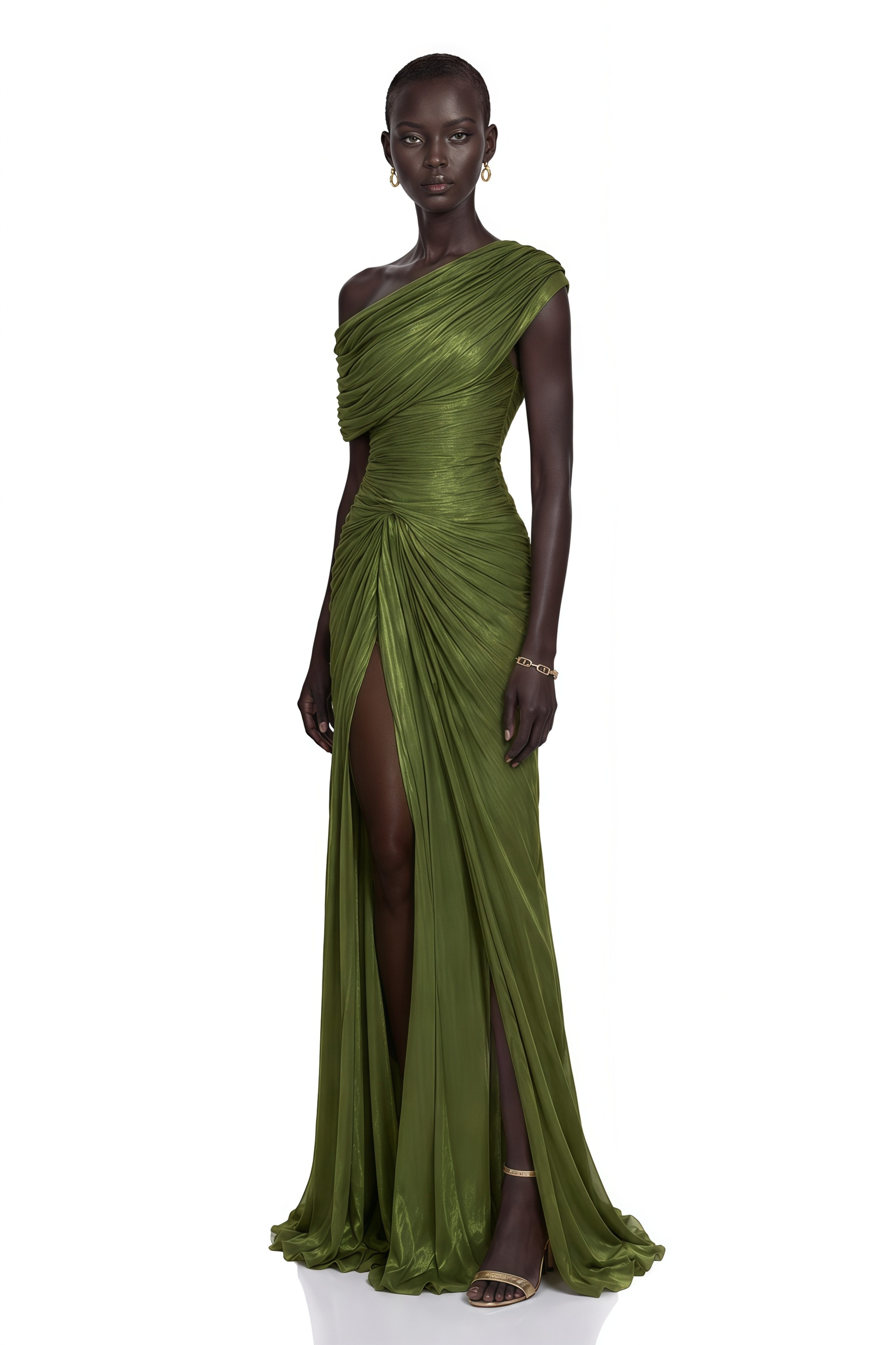 Elliott Olive Green One-Shoulder Ruched Maxi Dress with Slit
