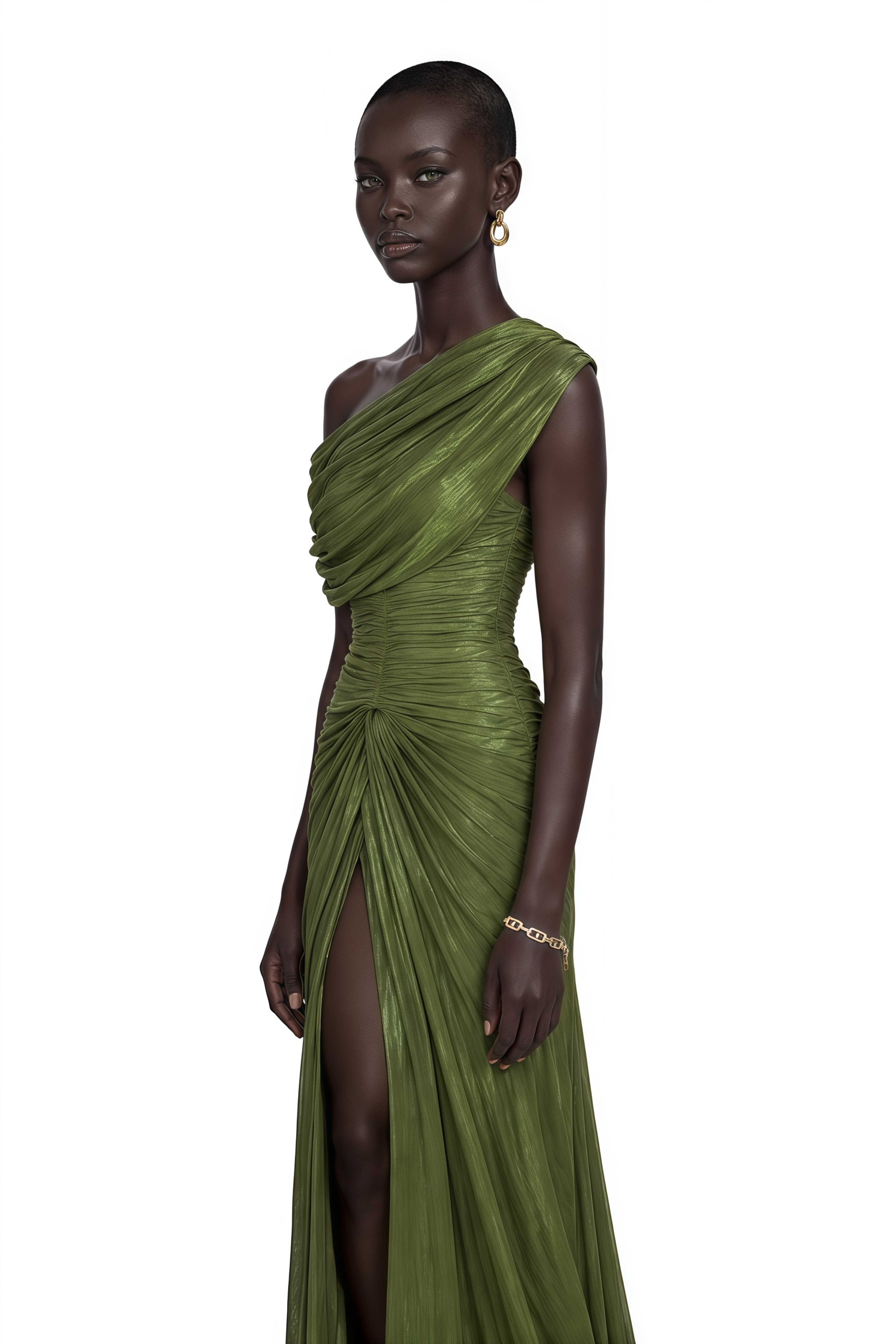 Elliott Olive Green One-Shoulder Ruched Maxi Dress with Slit