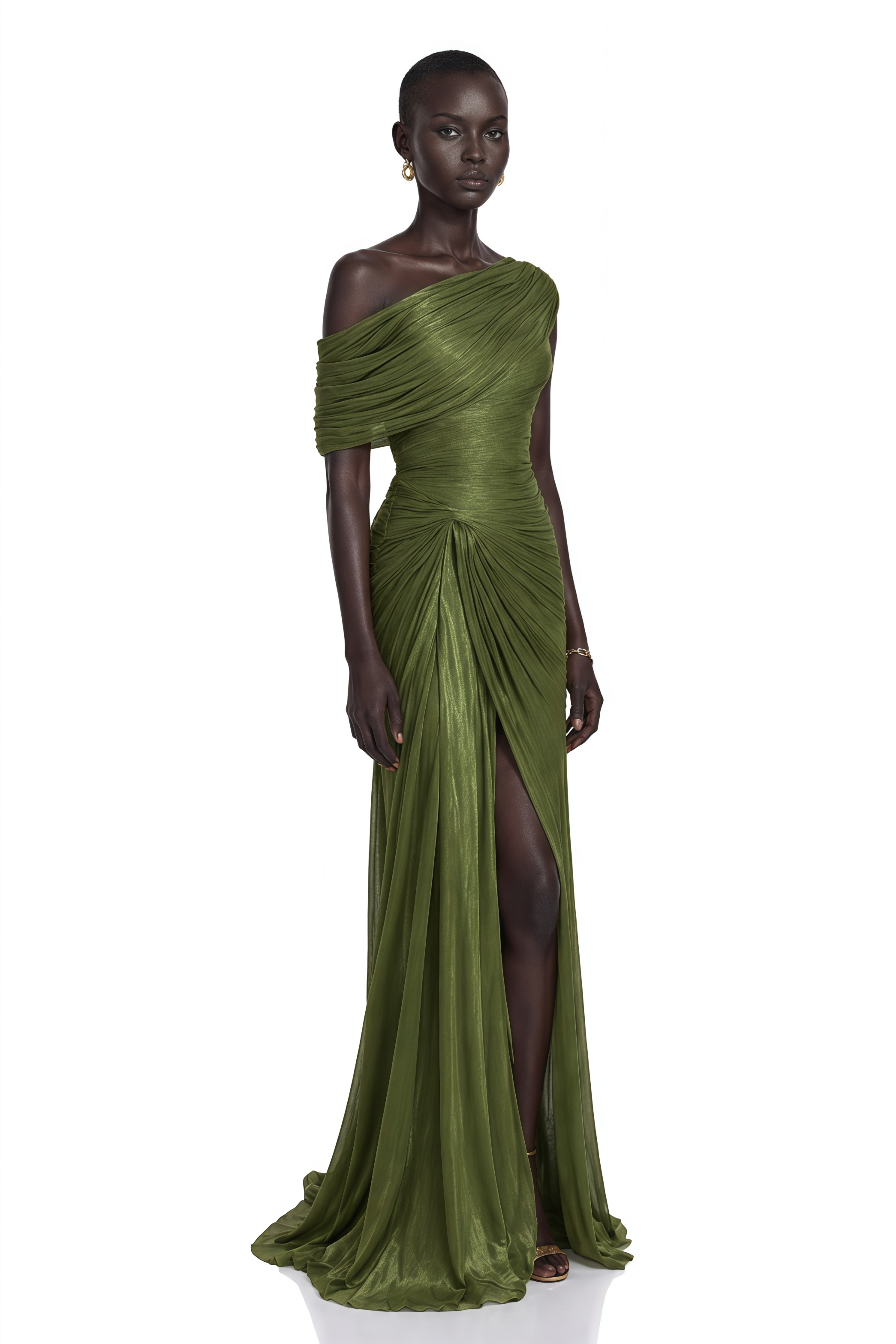 Elliott Olive Green One-Shoulder Ruched Maxi Dress with Slit