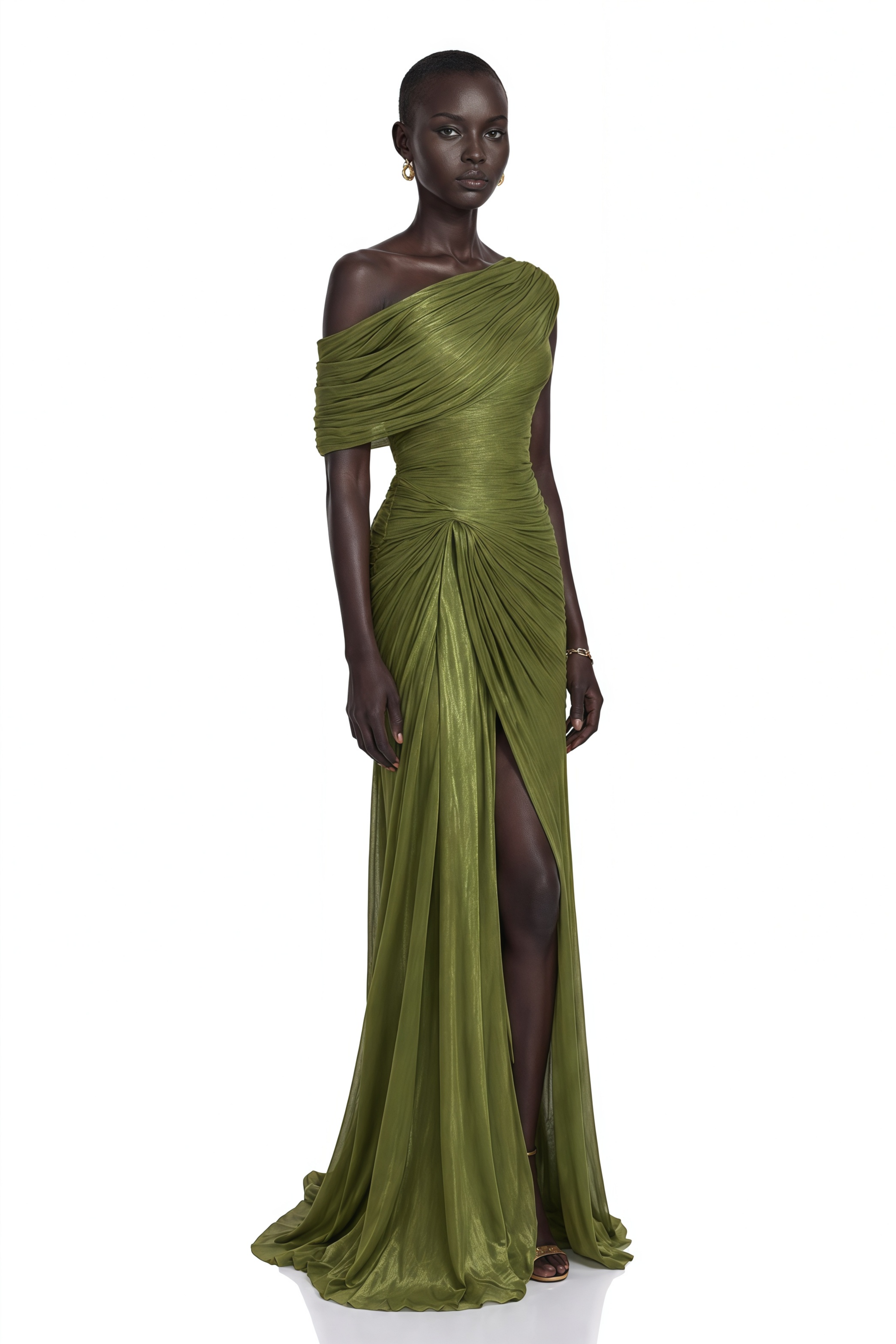 Elliott Olive One-Shoulder Ruched Maxi Dress with Slit