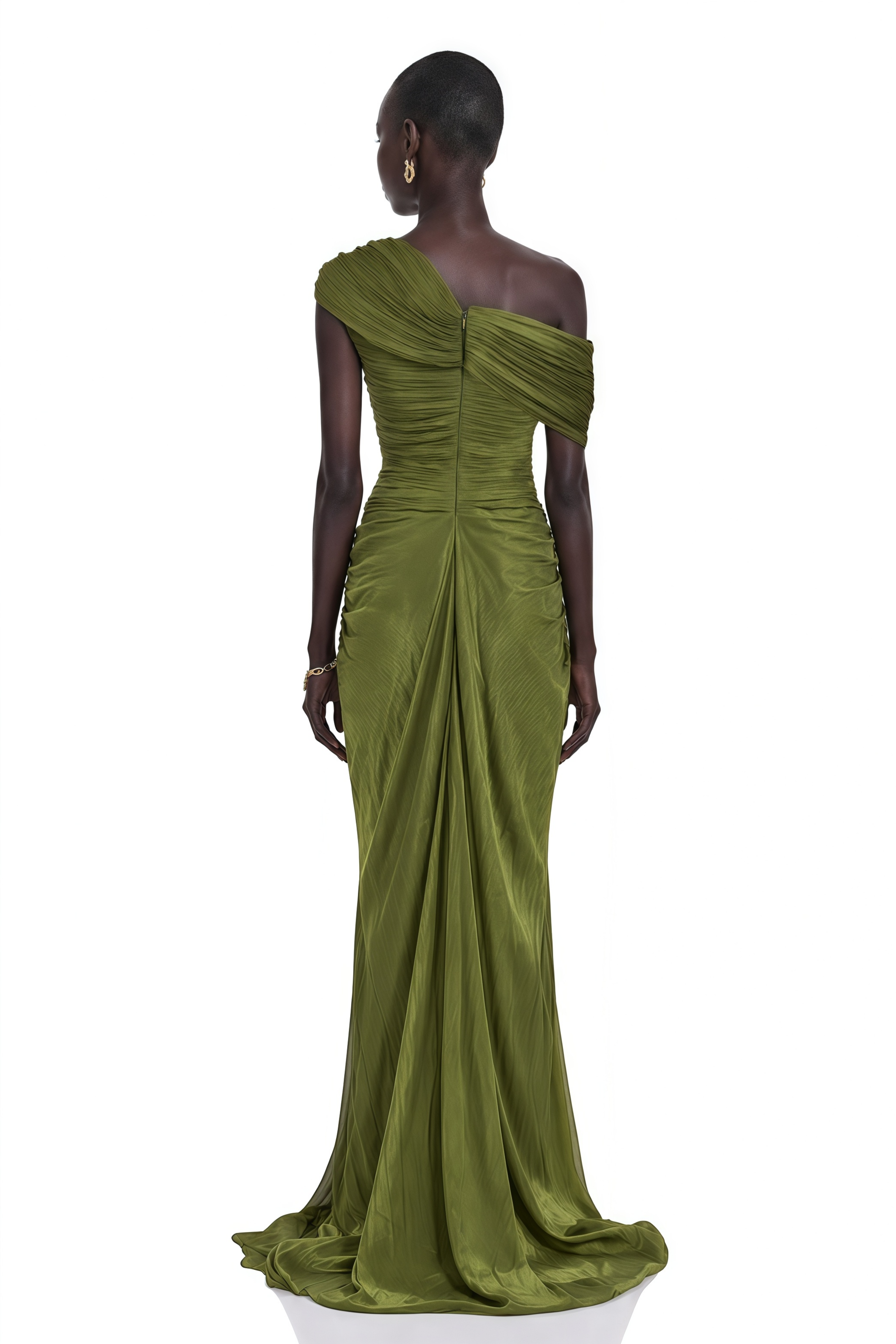 Elliott Olive One-Shoulder Ruched Maxi Dress with Slit
