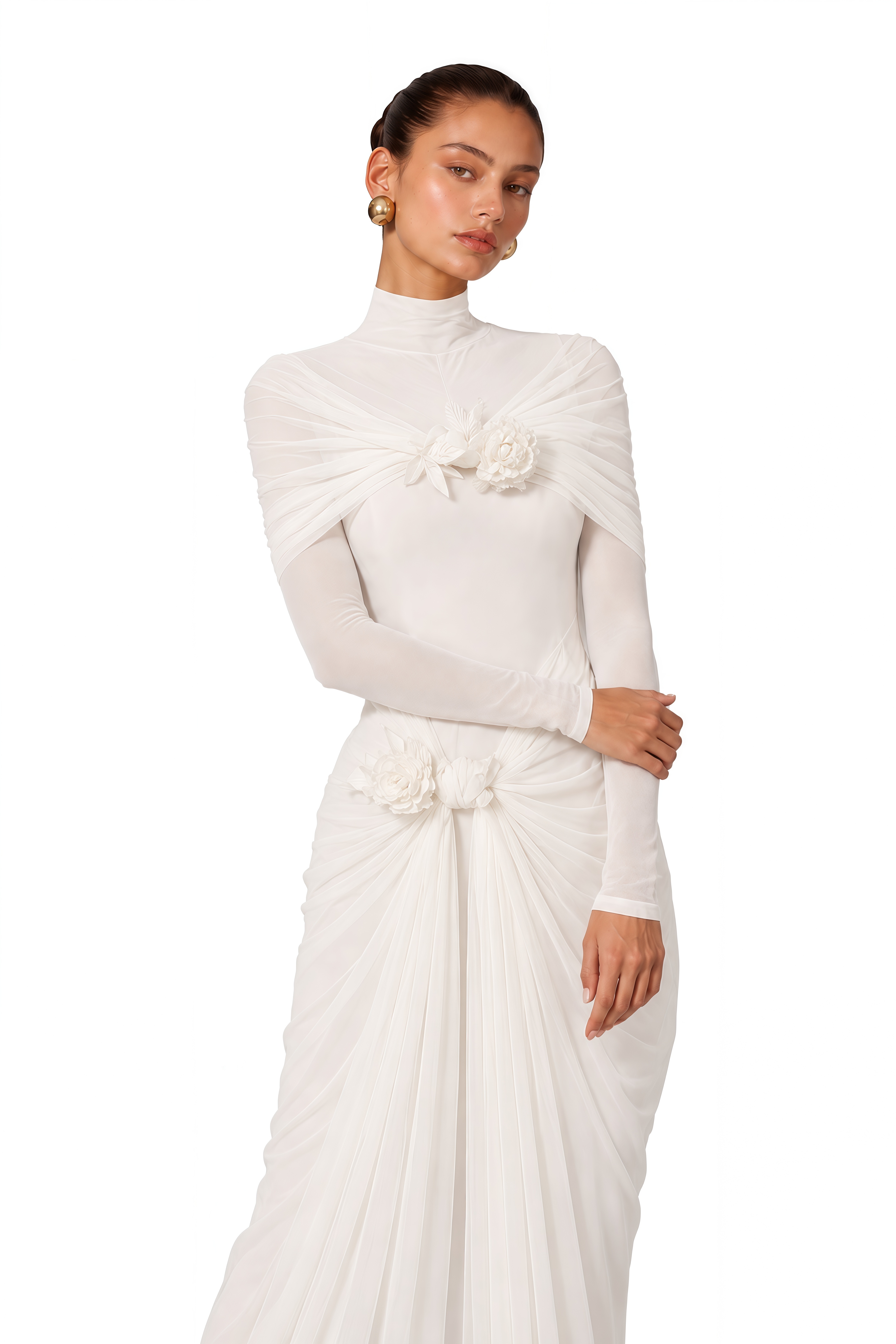 Elodie Ivory High Neck Floral Draped Maxi Dress