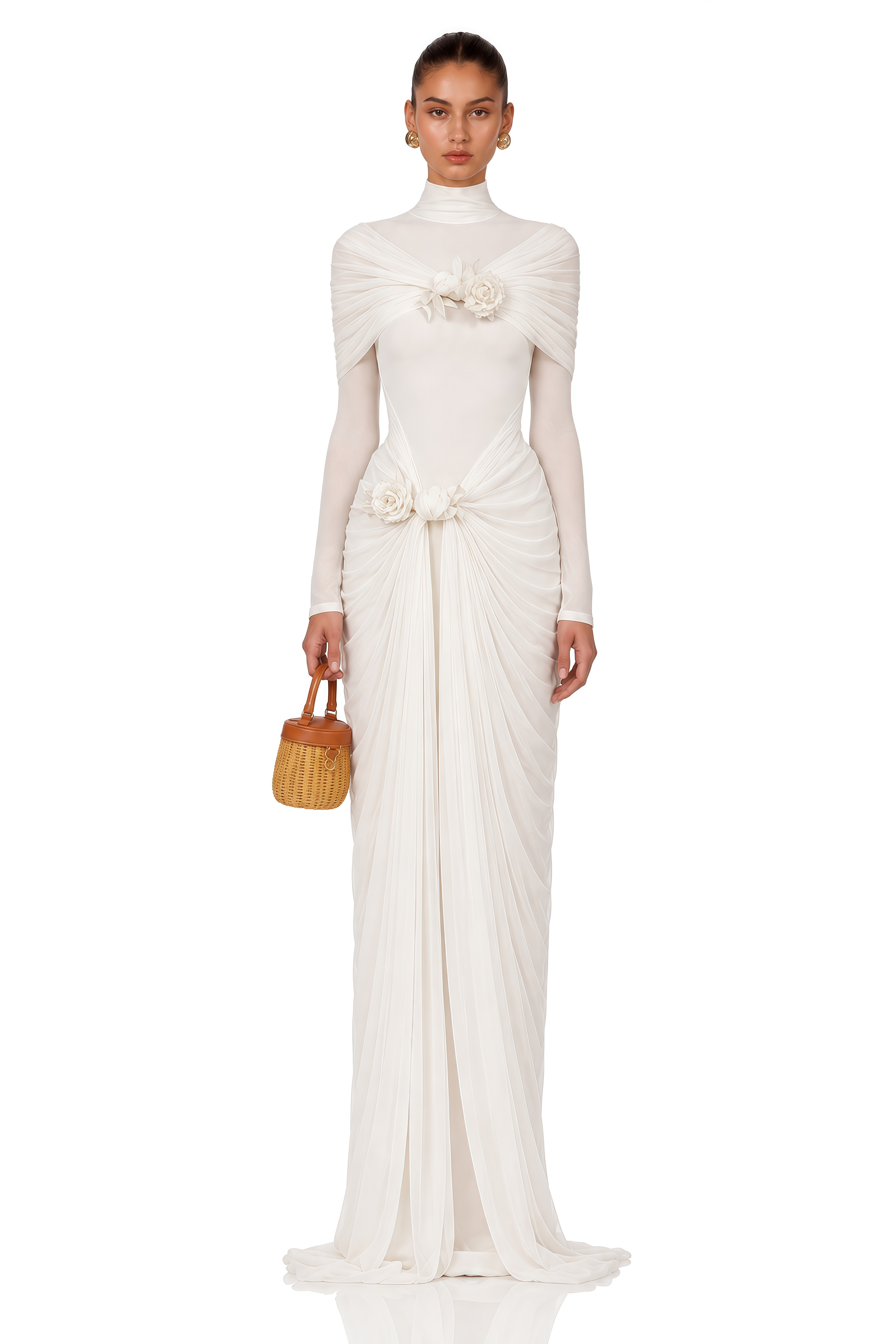 Elodie Ivory High Neck Floral Draped Maxi Dress